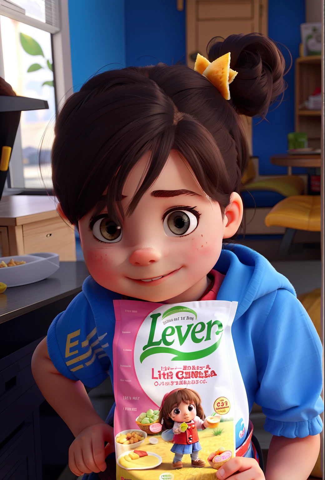 Little Girl eating and holding a snack from the Leveg package