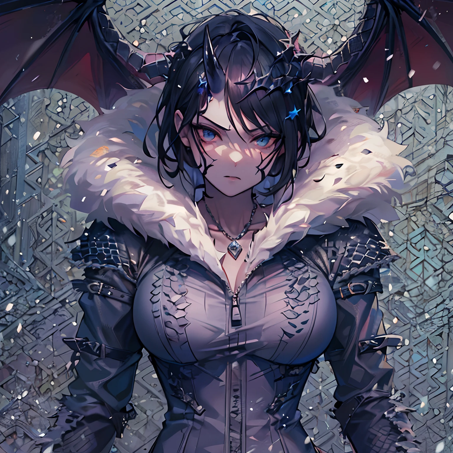 (High resolution, best quality, masterpiece), detailed, ultra detail, 1female, physically fit, curvy, slender body, fierce expression, dark eyes, (detailed eyes), black hair, short length hair, ((dragon horns)), ((face: dragon scales)), face covered in scales, ((topwear: fur lined coat, bottomwear: tight jeans)), snow background, somber expression, inhuman, ((reptilian skin))