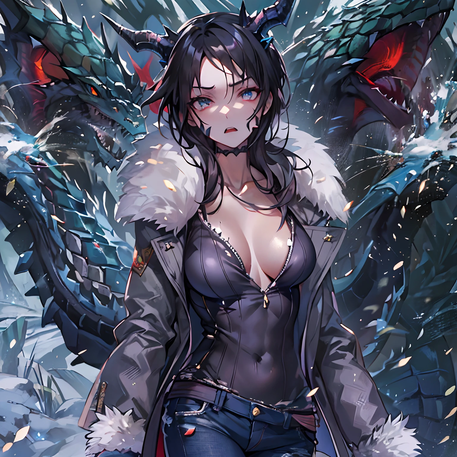 (High resolution, best quality, masterpiece), detailed, ultra detail, 1female, physically fit, curvy, slender body, fierce expression, dark eyes, (detailed eyes), black hair, short length hair, ((dragon horns)), ((face: dragon scales)), face covered in scales, ((topwear: fur lined coat, bottomwear: tight jeans)), snow background, somber expression, inhuman, ((reptilian skin))