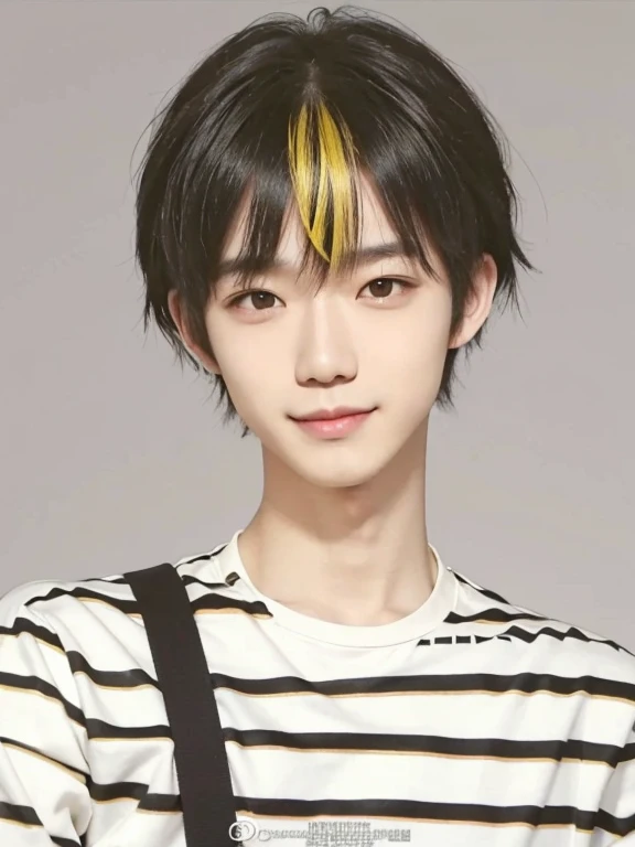 A boy with realistic black and yellow hair, exactly the same hairstyle, realistic Japanese handsome face, realistic thin smiling expression,Realistic striped clothes, adapt exact same clothes, realistic sash, realistic light, realistic shadows, realistic background