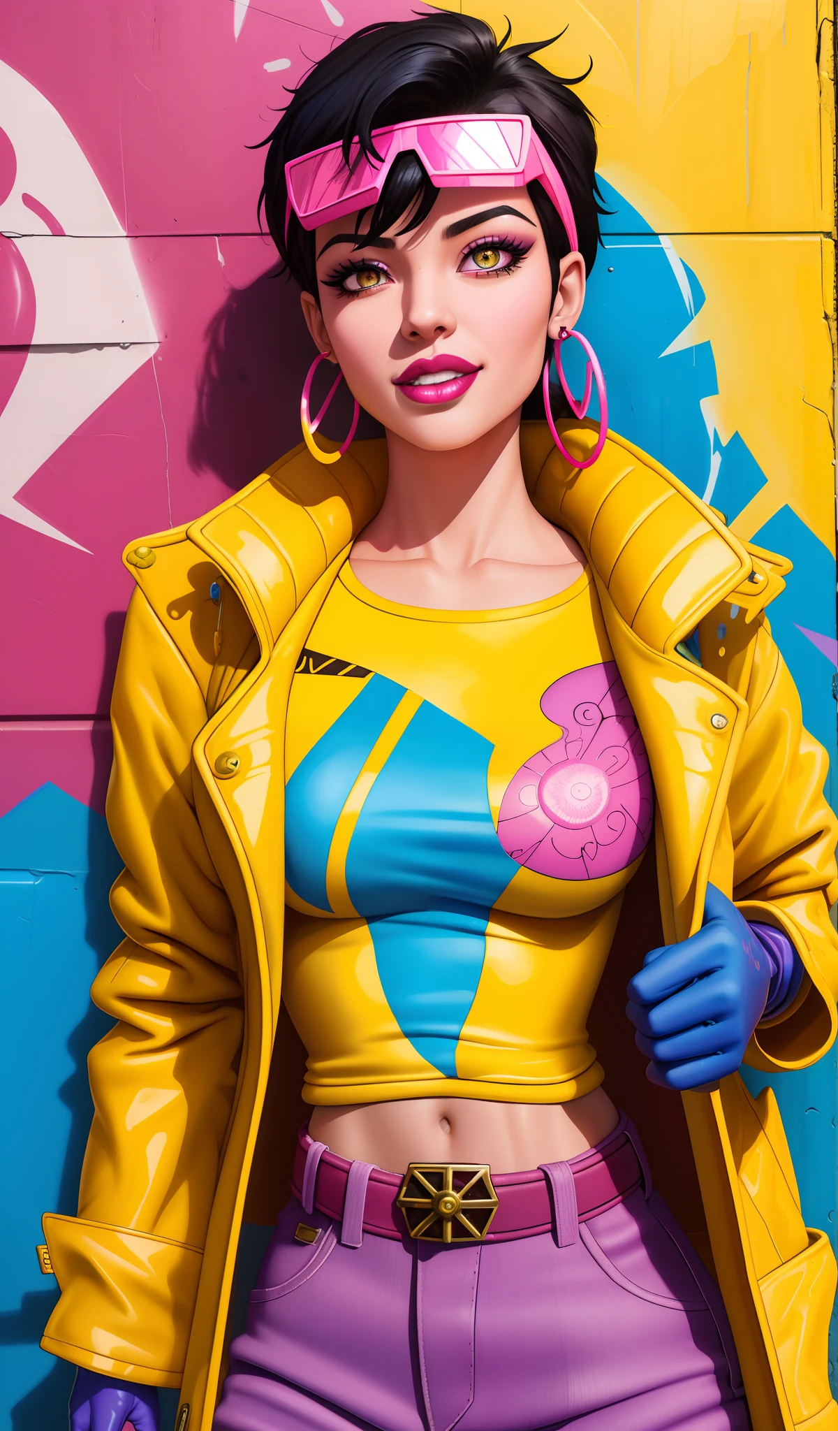 Jubilee,short black hair, brown eyes, solo, standing,  upper body,     covered nipples,   smile, 
jubJak,  open yellow jacket, purple shades on head, hoop earrings ,blue gloves, pink shirt, 
streets, chain fence,  retro,  graffiti, 
 (insanely detailed, beautiful detailed face, masterpiece, beautiful detailed eyes, best quality)