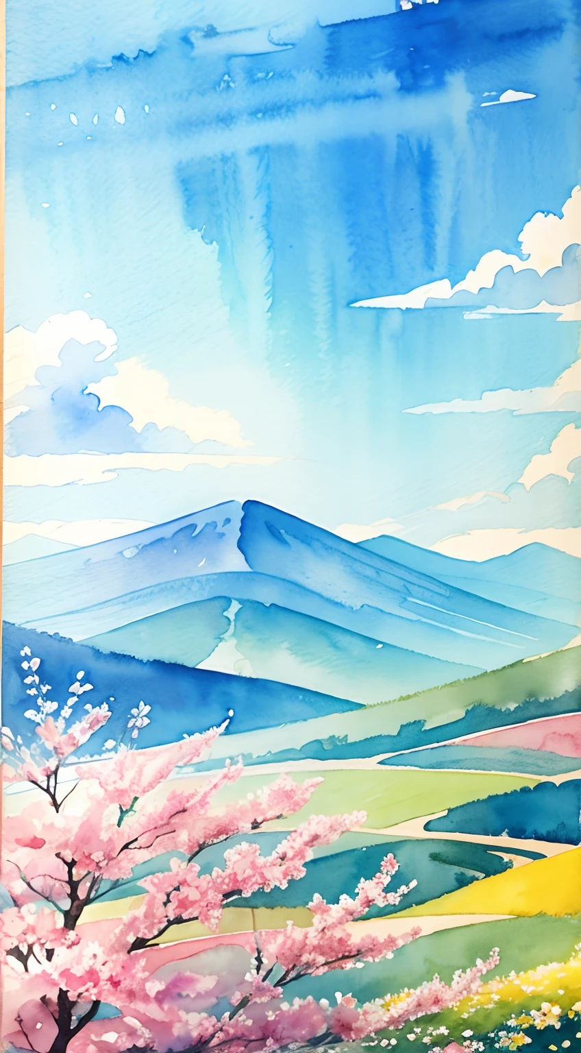 Watercolor style、Farbe々Nahana、Flowers in the distance々々、colourfull、blue-sky、horizon
