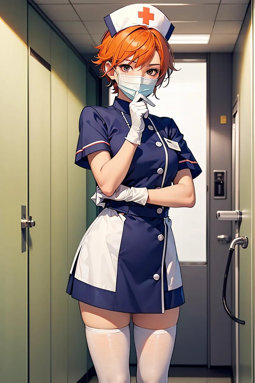 1girl, solo, nurse, nurse cap, white wear, ((white legwear, zettai ryouiki)), white gloves, very short hair, orange hair, ((white surgical mask, covered nose)), standing, ((hospital room)), sharp outline, short sleeves, tomboy, boyish, best quality, masterpiece