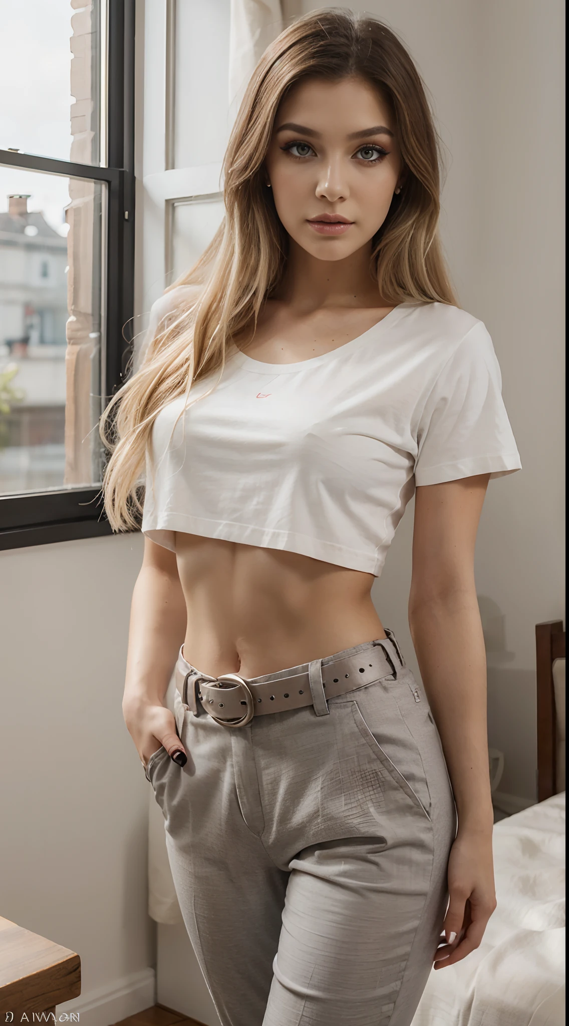 Beautiful girl, 20 years old, elongated face with smooth contours, designer cut eyes, eye makeup CUT CREASE, graphic arrows on the eyes, (makeup:1.4), grey colored eyes, long eyelashes, fluffy eyelashes, white-yellow hair, light blonde, beautiful hairstyle on long hair, snub nose, natural skin texture, Textures 4k, High detail perfect smooth skin, dark bronze complexion, studio lighting, silk T-shirt with Brand logo, white T-shirt, classic gray pants, chic belt, narrow hips, thin waist, sharp accent, the girl is in the bedroom near the window, sunny day, (warm color:1.1), (realistic: 1.3), finely detailed, quality, studio lighting, (masterpiece: 1.2), (photorealistic: 1.2), (best quality), (detailed skin: 1.3), (intricate details), girl standing upright
