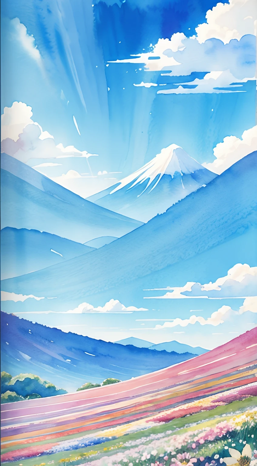 Watercolor style、Farbe々Nahana、Flowers in the distance々、colourfull、blue-sky