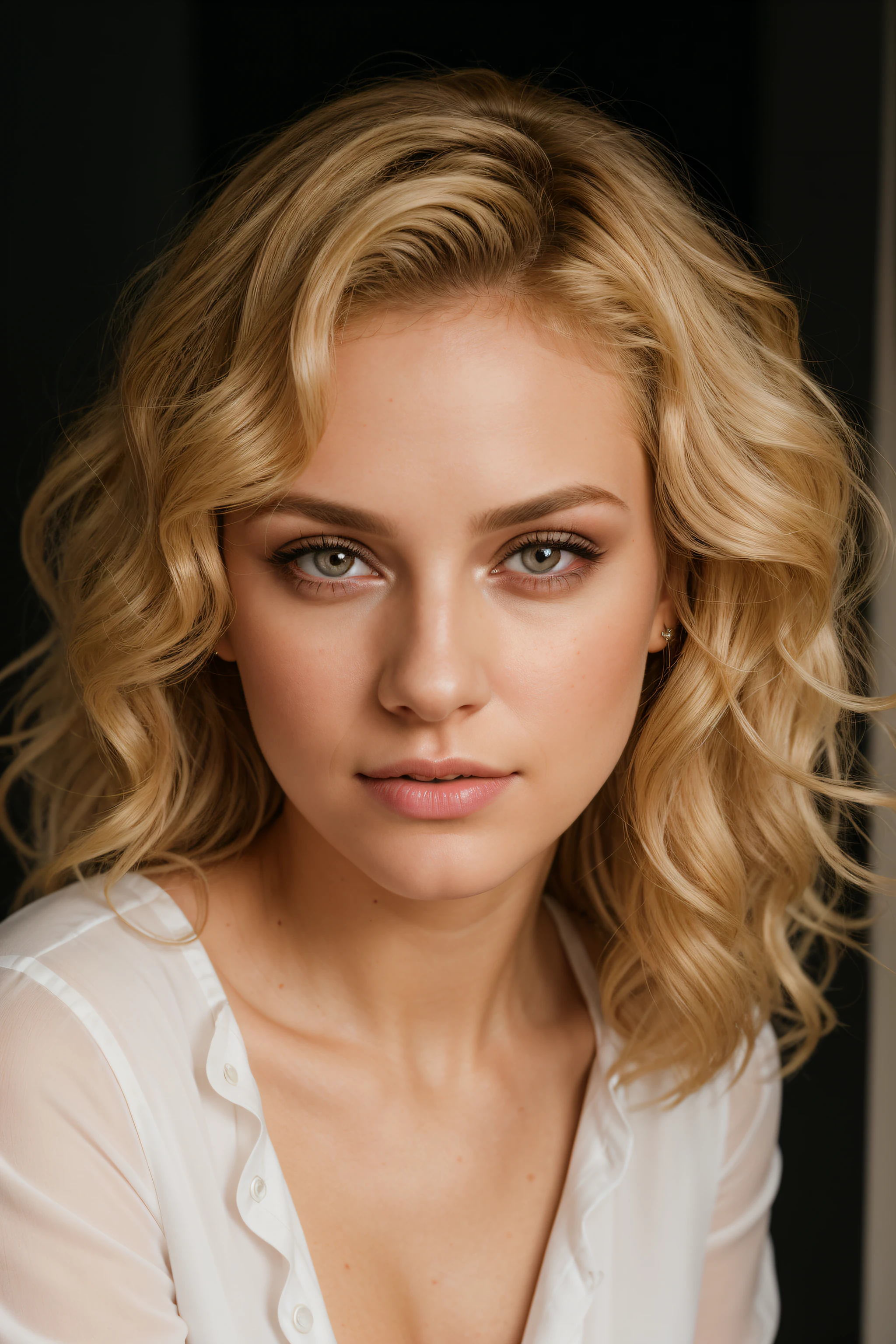 RAW photo of a single model ,portrait, clamshell lighting, good light, blonde curly hair, makeup, ((catchlight in eyes)), white blouse, dark background,(high detailed skin:1.2), 8k, taken professionally with DSLR, soft lighting, high quality, film grain, Fujifilm XT3,