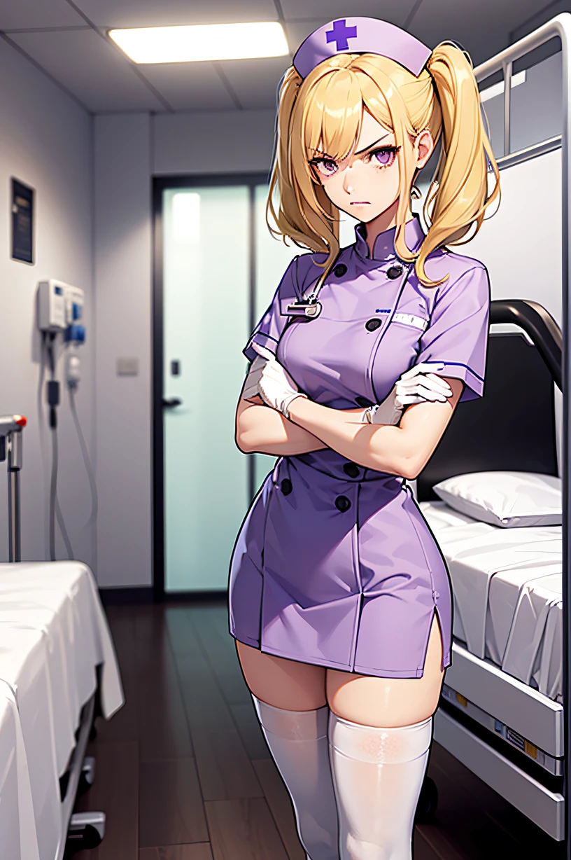 1woman, solo, nurse, white nurse cap, white nurse uniform, ((white legwear, zettai ryouiki)), white gloves, blonde hair, blue eyes, ((white surgical mask, covered nose)), standing, ((hospital room)), sharp outline, short sleeves, mature female, 35 years old, best quality, masterpiece