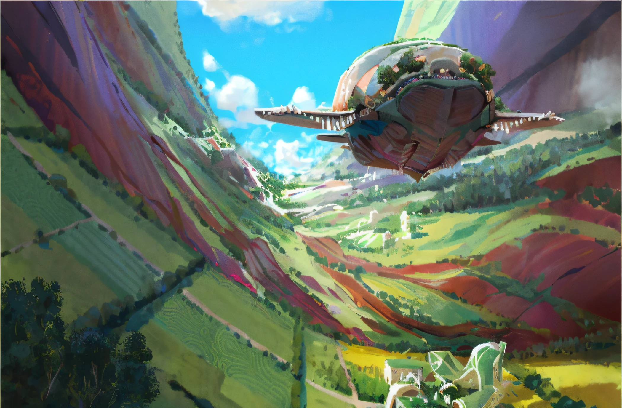 Painting of a flying object in a mountainous area with a mountain as a background,gigantic landscape!, colorful concept art,   award winning concept art, beautiful concept art, concept-art, Cartoon concept art, concept art scene, award winning concept art, concept art style, illustration concept art, concept art illustration, author：Ryan Yee