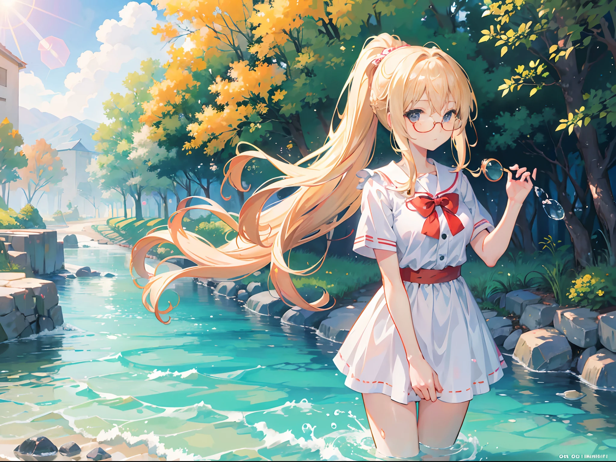 (masterpiece), Anime, (anime: 1.5), Shiina Mahiru, Blond long hair, glasses, summer time, (the girl nextdoor spoils me rotten) (shiina Mahiru 1.5), beautiful and cute, highly detailed, ponytail, lens flare, water splashes