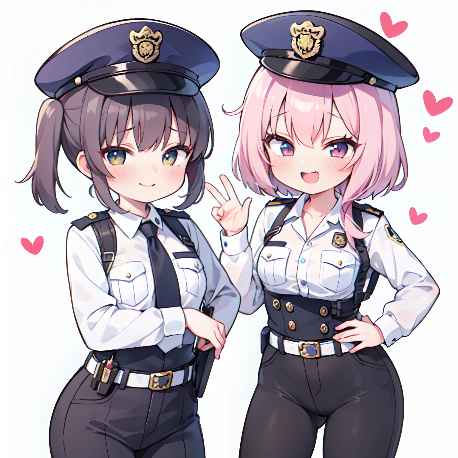 (Best Quality:1.2),(masutepiece:1.2),  multipel Girls,hightquality、hight resolution、High quality、2girls。policewoman。female cop。Lori。mesugaki,policeman's cap。(Yuri:0.7),Gray background, Same uniform,mesugaki,pink hair,yellow hair,flat breast,