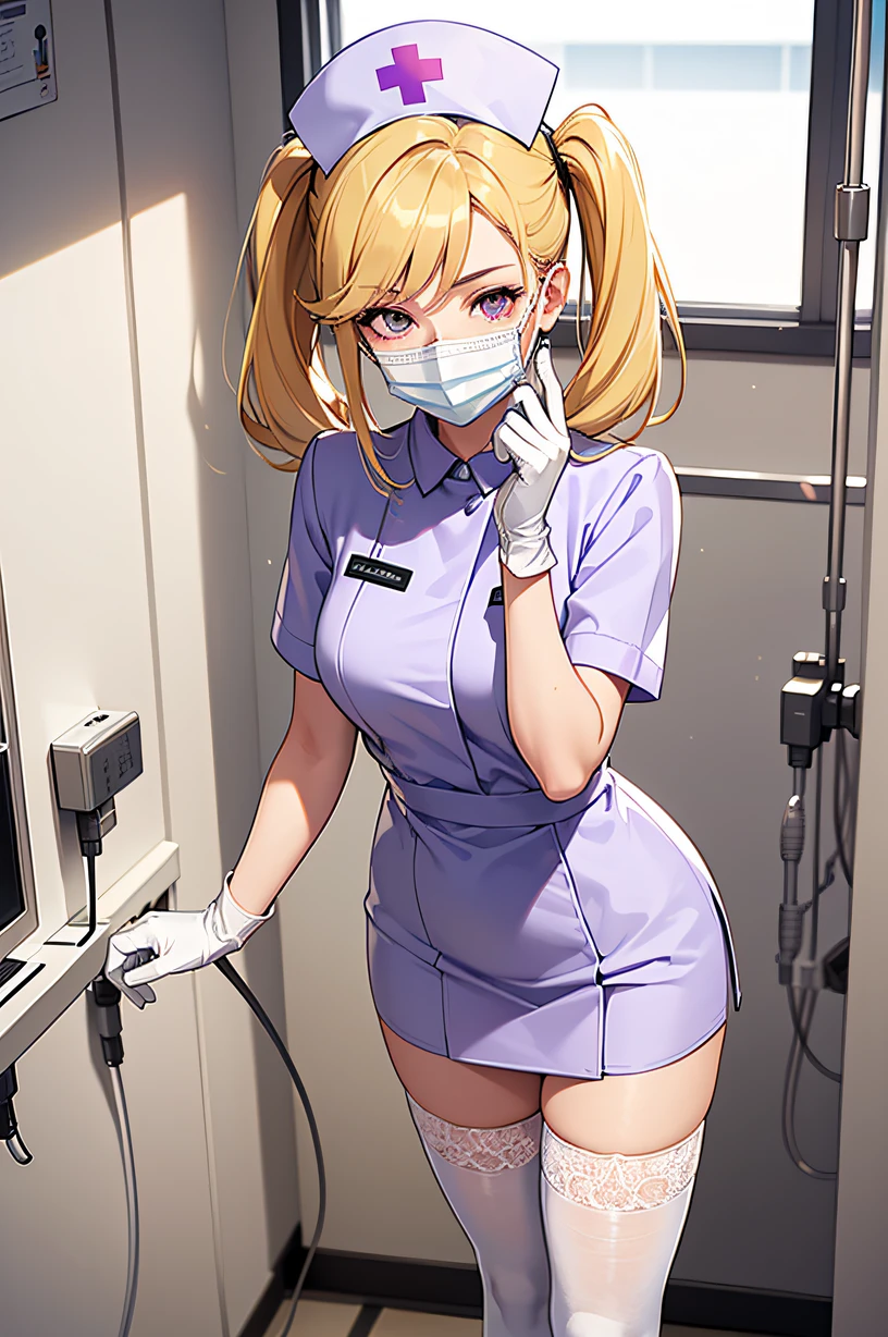 1girl, solo, nurse, nurse cap, white wear, ((white legwear, zettai ryouiki)), white gloves, twintails, yellow hair, purple eyes, ((white surgical mask, covered nose)), standing, ((hospital room)), sharp outline, short sleeves, best quality, masterpiece