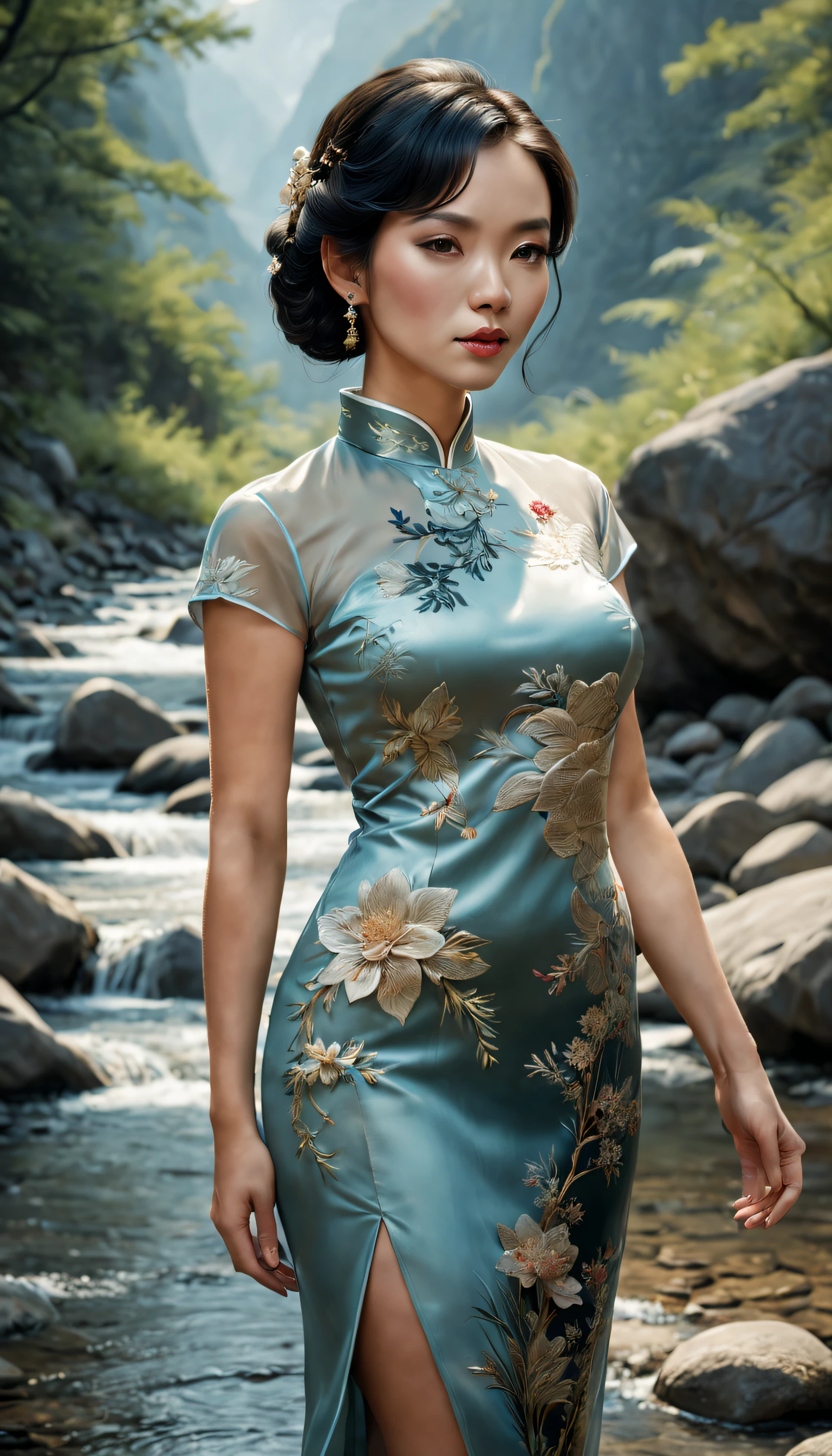 A close up of a woman in a dress standing near a river - SeaArt AI