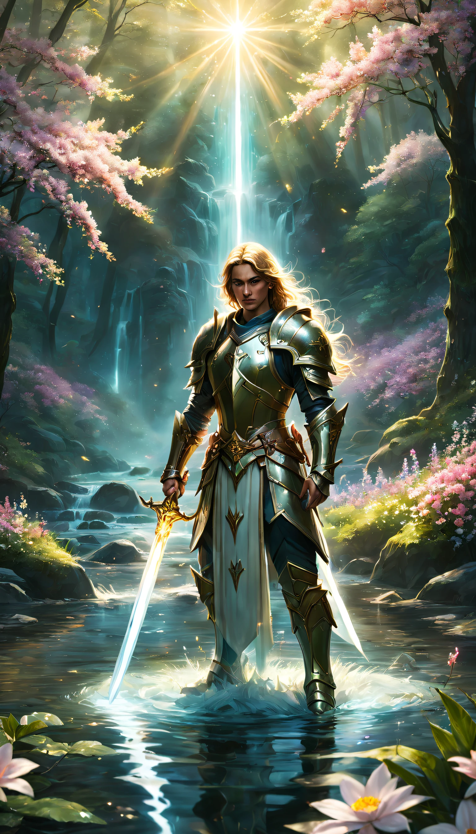 An awesome paladin wields a sword full of light, Exudes powerful light magic. In a stream between the mountains, Ethereal dreams，magical forest background，Glittering reflections on the water，Serene expression，Flowers blooming around，Illuminated by the light of the Paladin's Sword. The composition is professionally crafted, Amazing attention to detail and cinematic lighting. The overall aesthetic is reminiscent of Fujifilm photography, Capture the beauty and depth of the scene.
