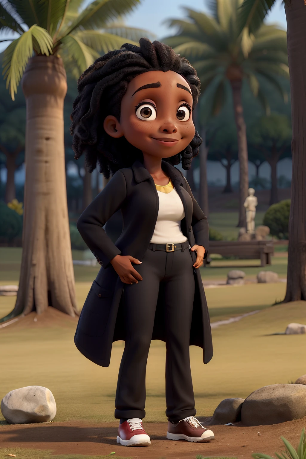 Obra-prima, de melhor qualidade, uma mulher de 39 anos de pele branca e olhos cor de mel, Black hair wearing a black coat and pants, Standing in the park