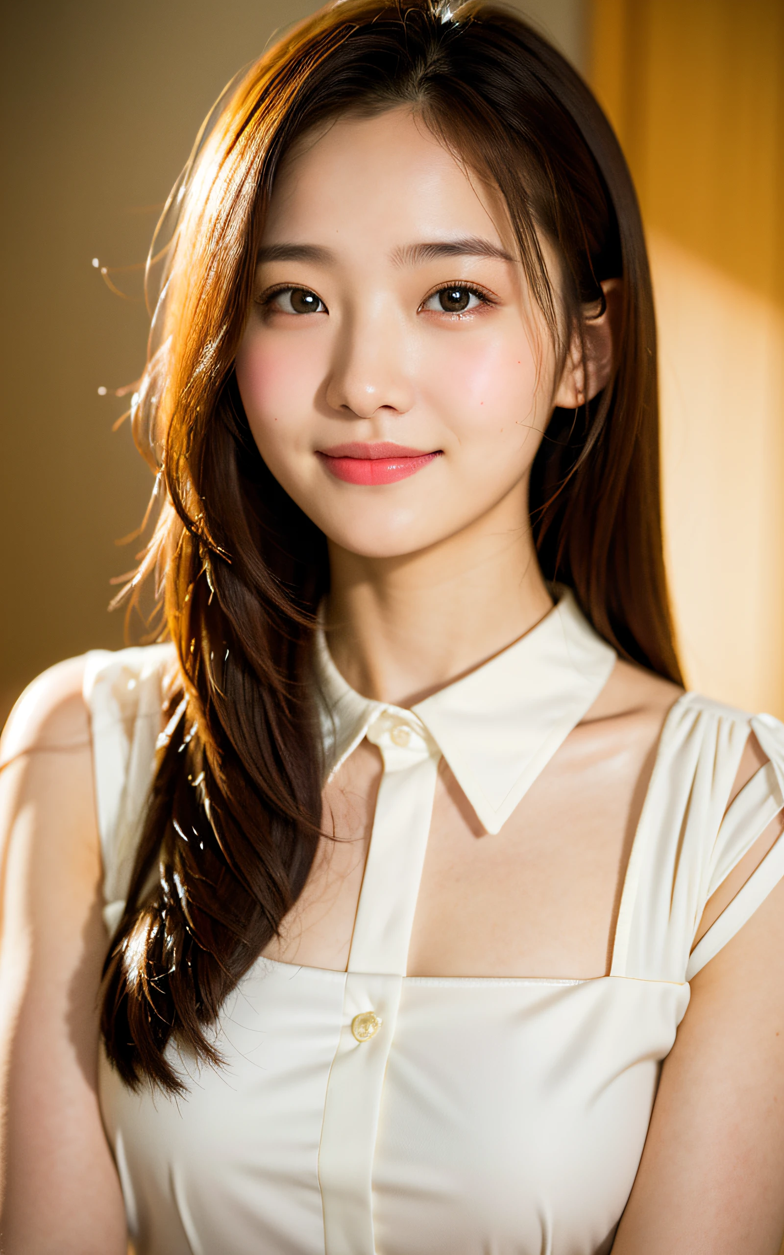 (top-quality、masterpiece:1.2)、white 18 year old beautiful girl、very cute, blouse,、f 1.8、Soft light、Raw Photos Real、Skin texture is very detailed、without makeup、mournful、smile