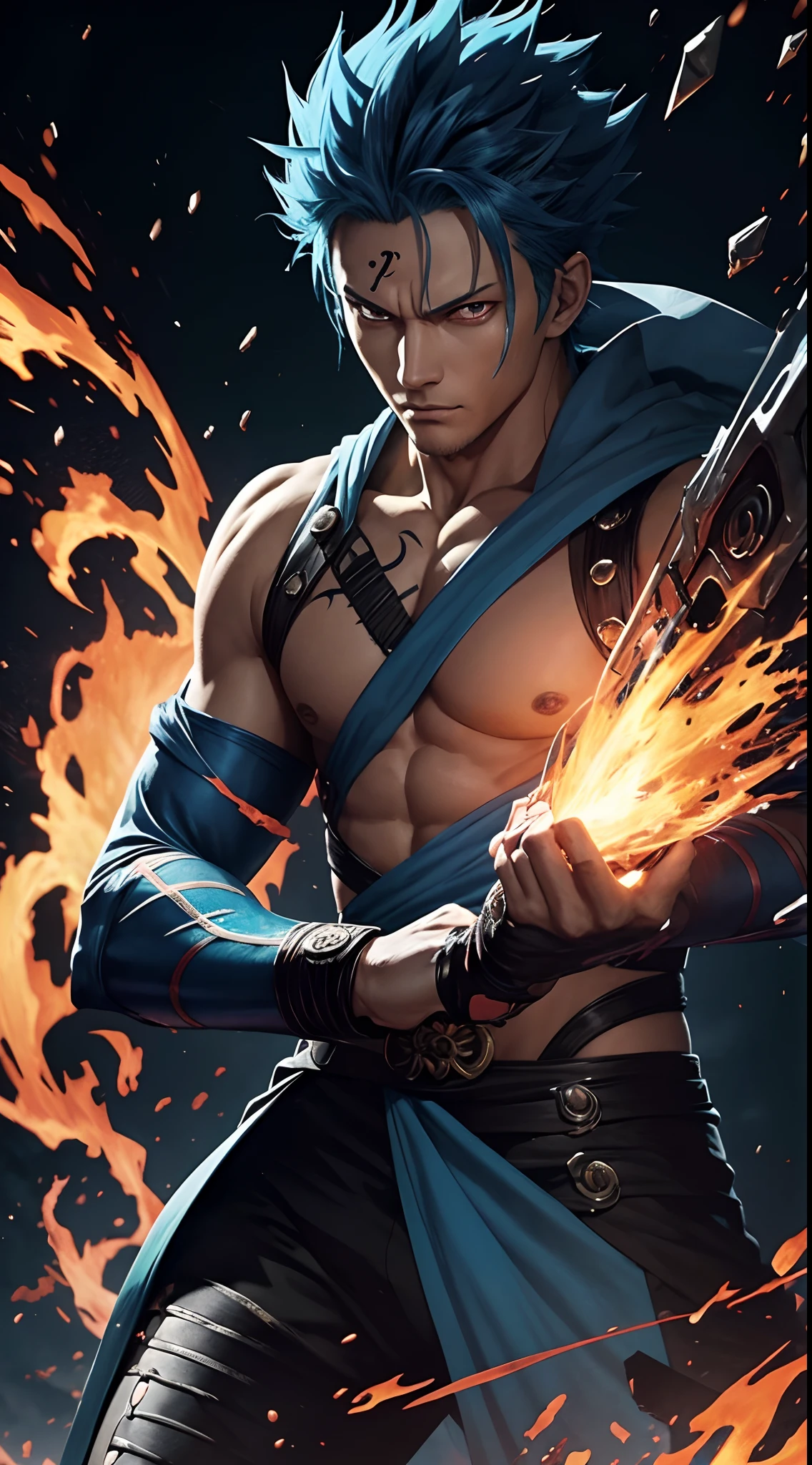 Get ready for a visual feast with the Zoro, glowing blue hair and tattoo, a being with a handsome face and piercing red eyes. In his transformed state, he radiates extreme instinct and power, making for an epic anime about this energy man. Watch as he controls fire and lava in stunning anime artwork that will leave you in awe. This concept art is straight out of the Bleach Universe, with a manga-style 8k wallpaper that will transport you to another dimension. Prepare to be amazed by this detailed digital anime art, showcasing the ultimate fusion of style and power.