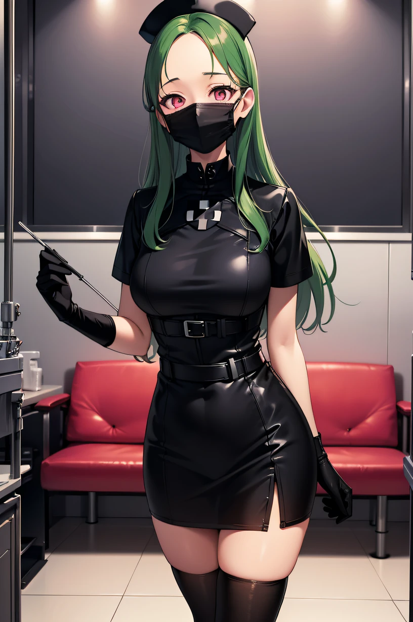 black nurse, 1woman, solo, black nurse cap, black wear, ((black legwear, zettai ryouiki)), black elbow gloves, forehead, long hair, green hair, pink eyes, ((black surgical mask, covered nose)), standing, ((surgery room)), sharp outline, short sleeves, mature female, 35 years old, best quality, masterpiece