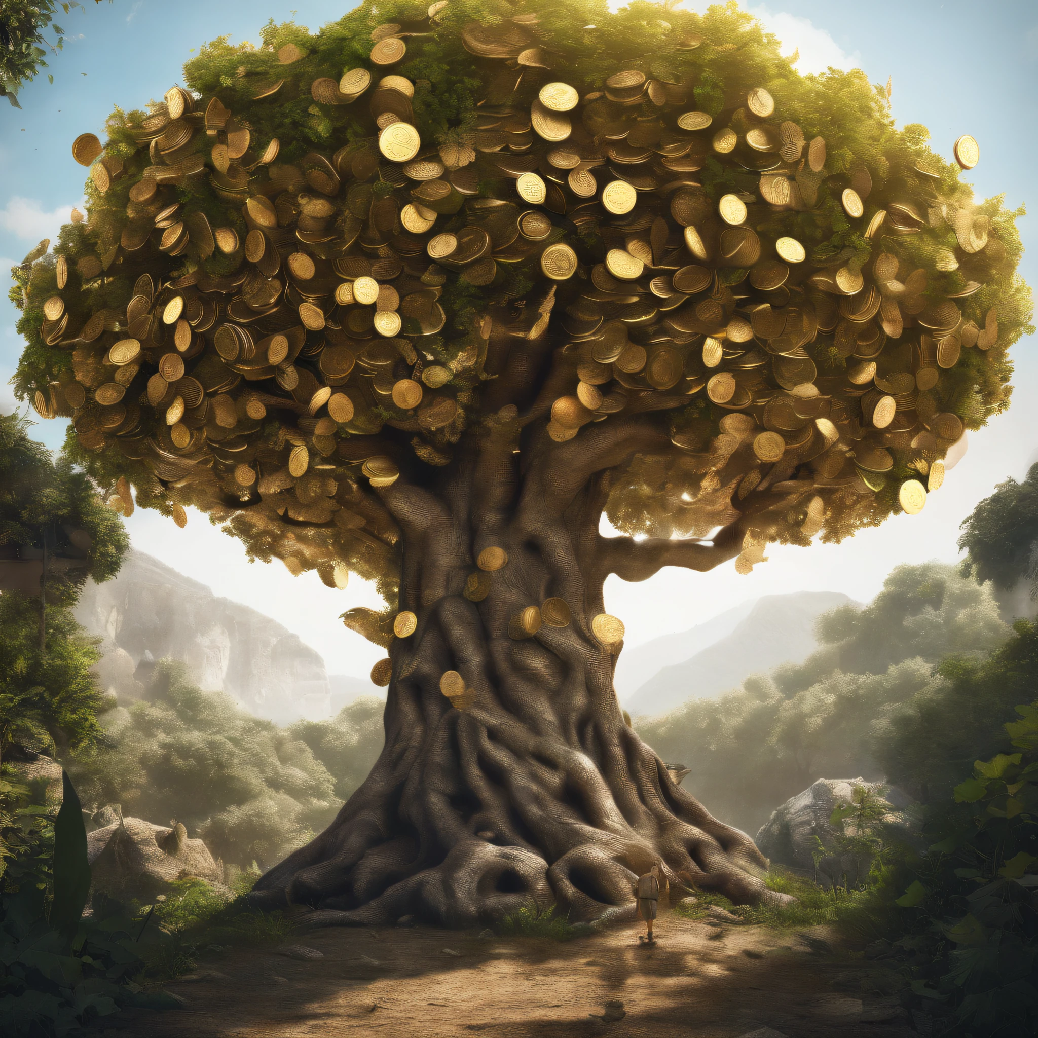Best quality,A tree is surrounded by vines,The tree is surrounded by gold coins