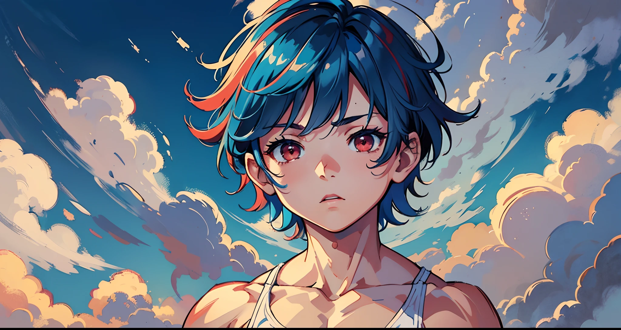 {{masterpiece}},best quality,illustration,1 male ???, floating short hair, cute,closeup, (((muscular child))), (((muscular male))), red eyes, ((solo)), cloudy sky, blue hair --auto --s2