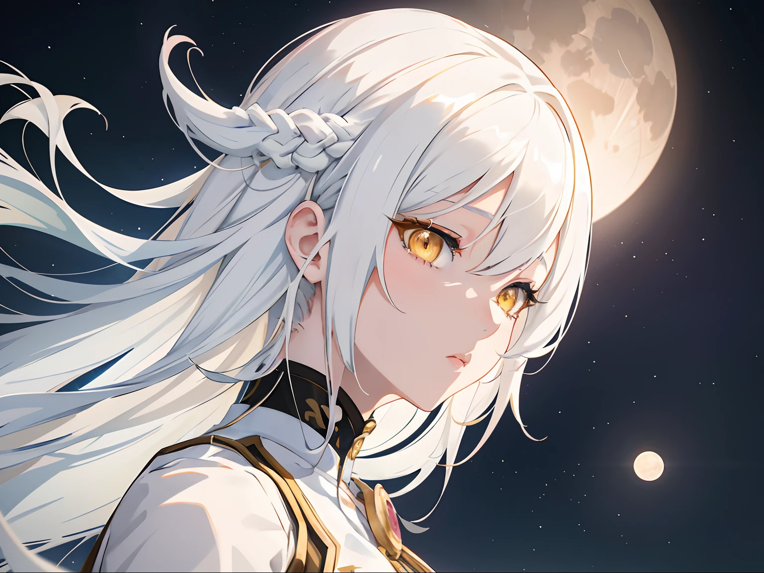 Anime girl with white hair and yellow eyes staring at the moon, a beautiful anime portrait, detailed portrait of an anime girl, anime visual of a cute girl, Girl with white hair, Guweiz in Pixiv ArtStation, Detailed digital anime art, Smooth anime CG art, style of anime4 K, Guweiz on ArtStation Pixiv, white-haired god