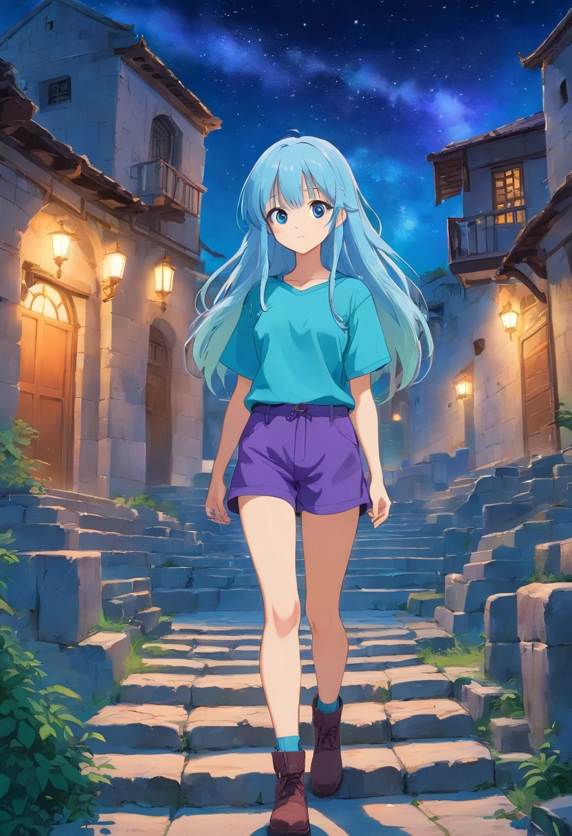 A beautiful young woman (1 girl) about 20 years old. Long light blue hair, straight hair, ((messy)) hair, ((bangs)) and big eyes (one blue, one purple). Turquoise long t-shirt and purple tide pants. Leather boots. Greek templo ruins background at night, with a starry sky.