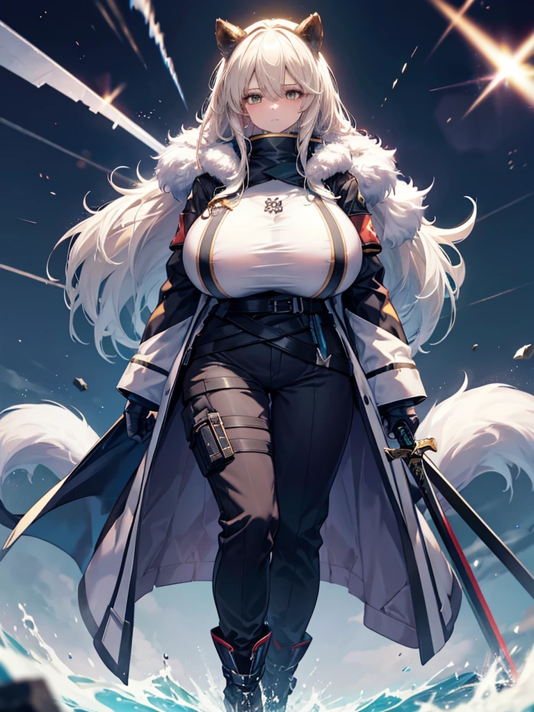 de pele branca, Massive, muscular girl, Kaiju, aggressive, Proud,long, wavy white hair,Long dark blue coat,very very gigantic boobs,muffler,Wolf Girl,Golden decoration,big tail,trouser,Big animal ears,huge sword,long boots,Warm clothing,Clothes that are large in size,No skin exposure,Fluffy,venusbody,arknights,angry,