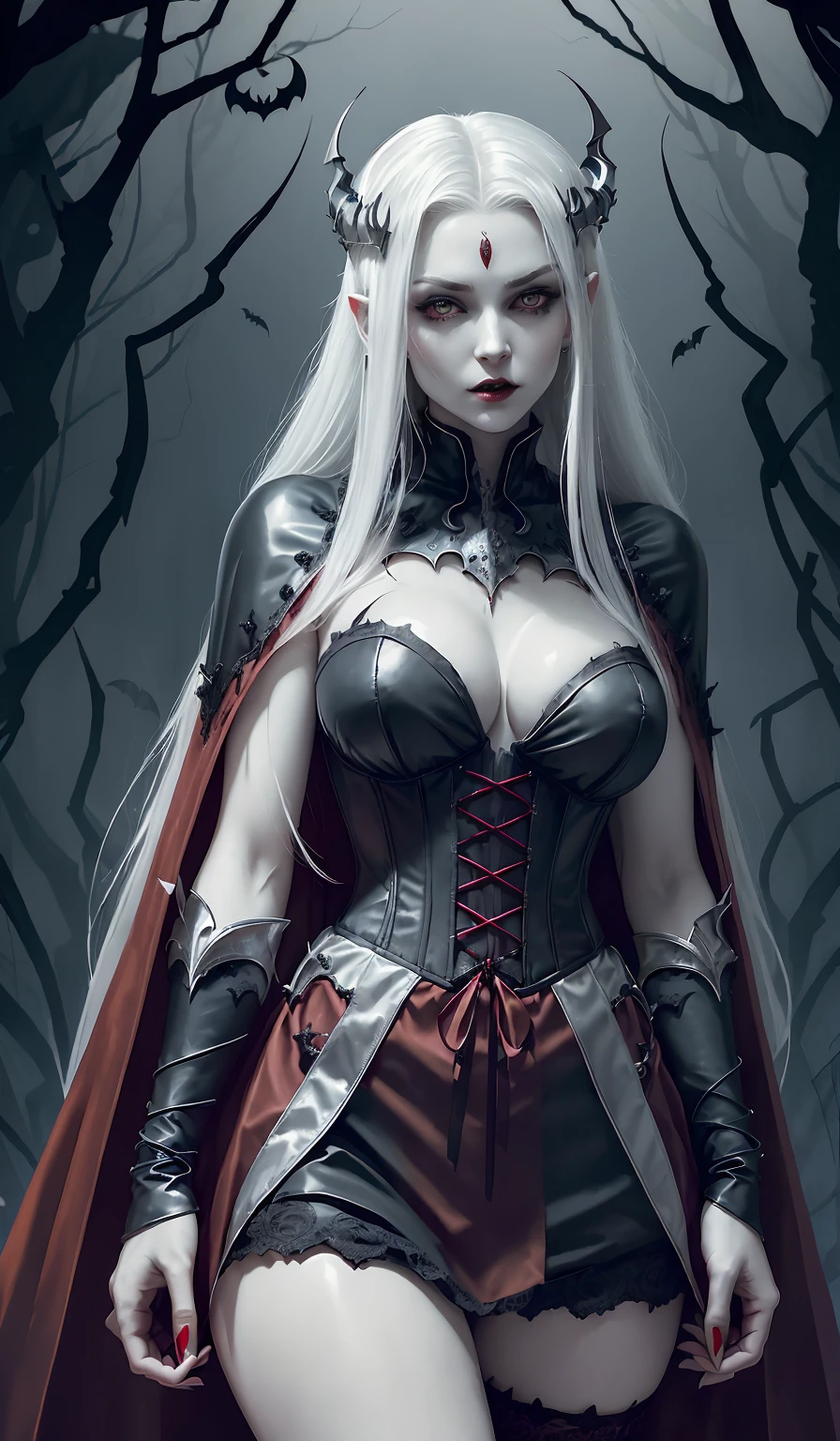 (Halloween theme:1.3), (fantasy:1.3), (vampire queen:1.3), (silver long hair:1.3), (red eyes:1.3), (vampire fangs:1.3), (extremely pretty and beautiful vampire queen:1.3), BREAK, Beautiful illustration, top-quality, (cute Russian vampire queen:1.3, Caucasian:1.3), having vampire features, (vampire queen:1.5), BREAK, (red eyes:1.5, pale skin:1.1), (beautiful, 20 years old:1.5), slim, slender, (big sagging breasts), (clean face:1.3), (vampire fangs:1.3), (ash hair:1.3), (white hair:1.3), (silver hair:1.3), BREAK, (fusion of red medieval cape dress and black elegant full lacy gothic dress), (latex corset), (black latex stockings), (knee-high-over-boots, pin-hells), (insanely detailed clothes), (halloween costume), BREAK, ((arms down:1.5)), blue eyess, lovely thighs, (jack o'lantern:1.3), (looking straight at the viewer), (view viewer:1.3), (upper body:1.3), top angle, (halloween:1.5), (halloween background:1.5), (low-key lighting, (moody ambiance):1.2, dark shadows, subtle highlights, mysterious aura), front view,