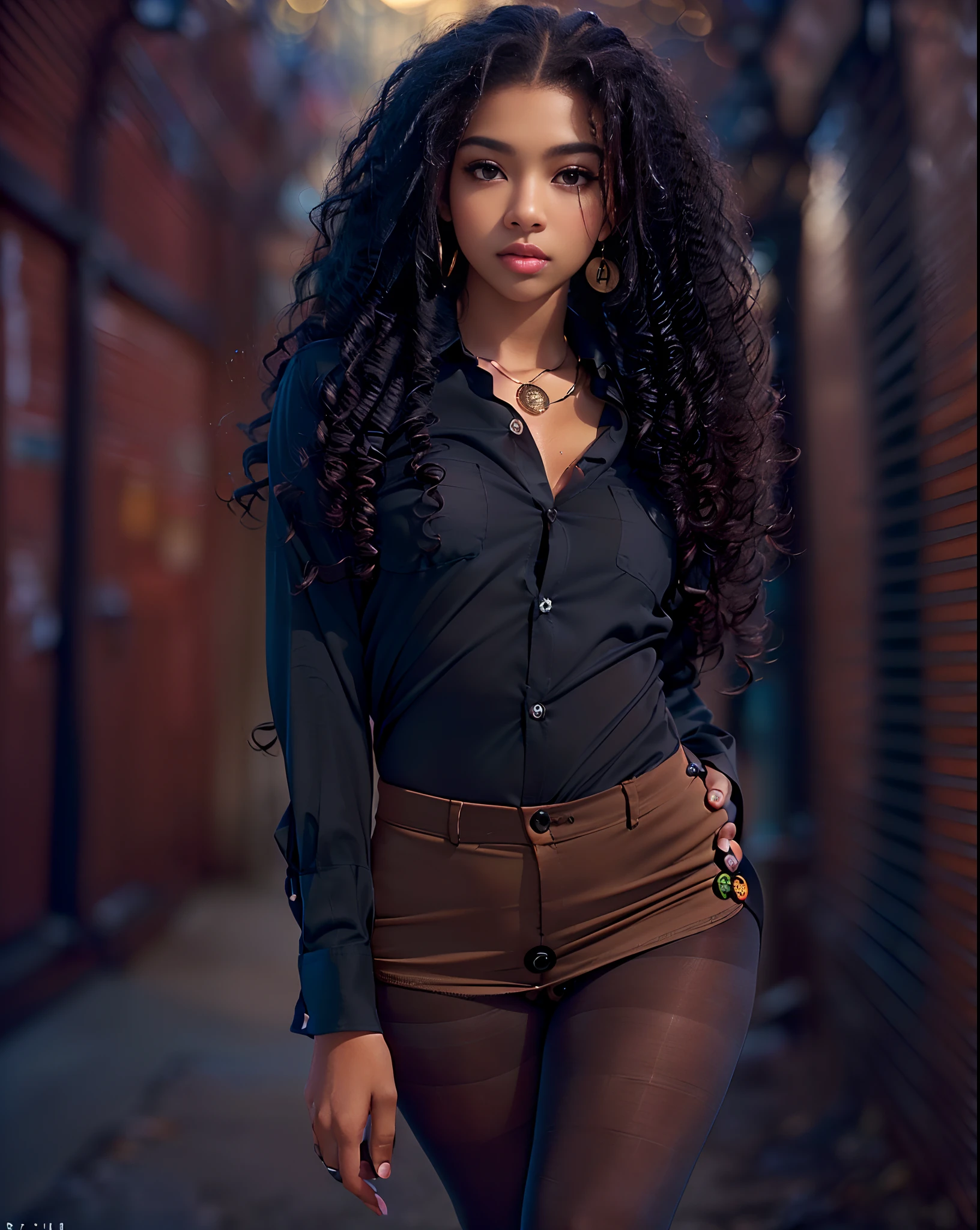 ((21-year-old))) black girl, (((light skin))), (((close-up, full body pose))), (((long curly black hair))), (((hose))), (((wearing mans butto shirt mostly unbuttoned))), Rich, Deep Colours, (intricate details:0.9), (HDR, hyper-detailing:1.2), (natural skin textures, hyper realisitc, glistening skin, soft light, Sharp),
