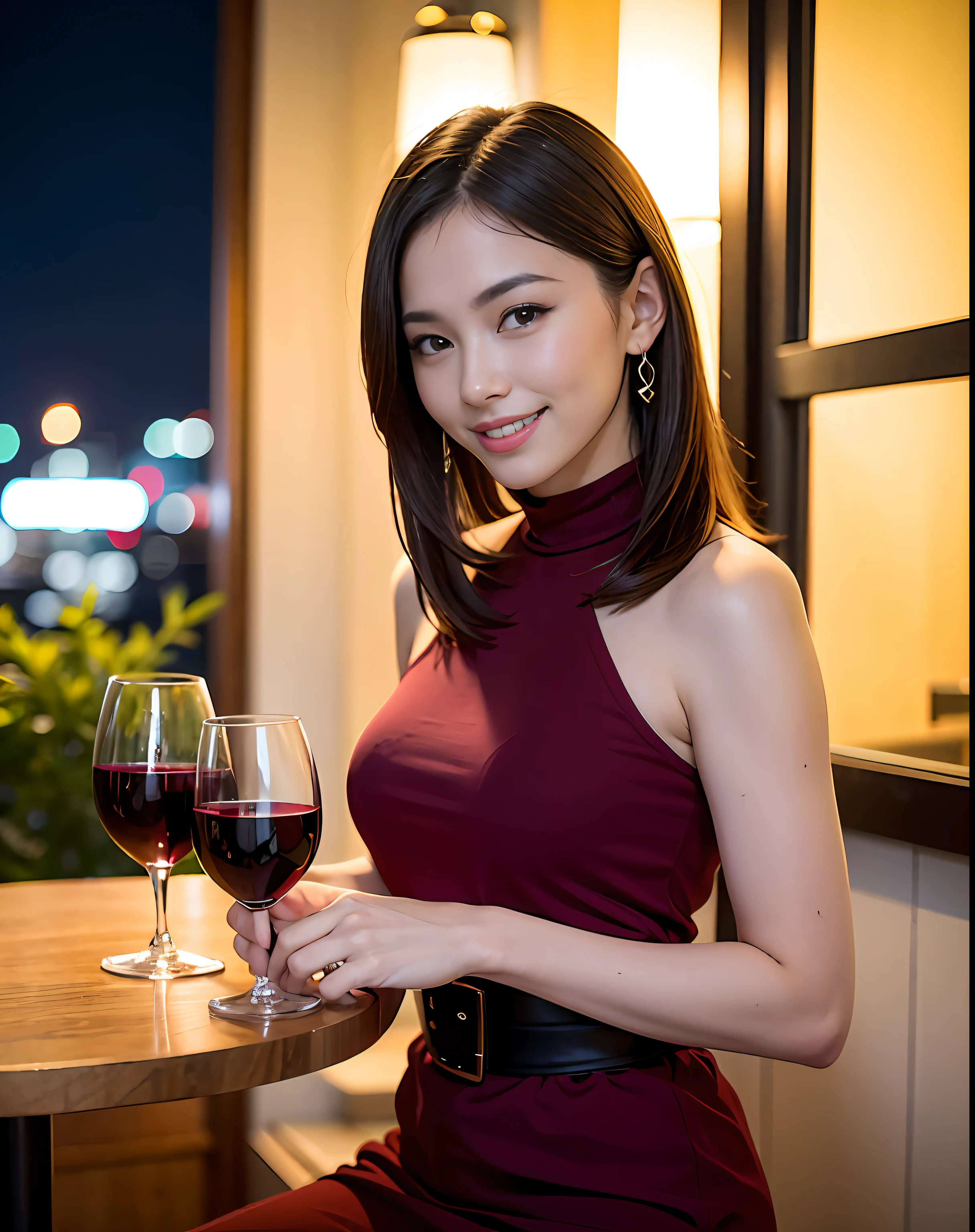 (64K, UHD, top quality, masterpiece: 1.2), (realistic, photorealistic: 1.37), super detailed, pretty woman 1 person, (slim face), (slim body), (brown hair), (short cut), cheeks slightly blushing, (44 years old), 38 years old, solo, beautiful detailed urban night view outside the window, restaurant, wine glasses sit, at night, in a prominent placeNovaFrogStyle, Actress, Model, Waist Up, White Wine, Slim, Wine Glass, Super Clean Night View, Wine Glass Put in the Middle, Happy Smile, (Smile: 1.15), Beautiful Fine Eyes, Upper Body, Bust Japan Up, Night, Short, Short, Actress, Model, Waist Up, White Wine, Slim, Wine Glass, Super Clean Night View, Wine Glass Put in the Middle, Happy Smile,