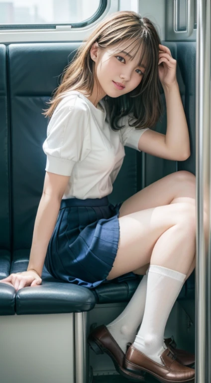 top-quality,ultra-detailliert,​masterpiece,realisitic,Photo Real,Bright lighting,1 girl in, an extremely beautiful 17-year-old girl, (kawaii:1.2),Thin smile, (Brown eyes),(long brown hair),(bangss),perfect glossy skin,flawless skin,((erotick,Sexy and sexually explicit)),((accurate hands without incongruity)), large full breasts,big breasts thin waist, Look at viewers,,((Short sleeved white shirt)),(),(Blue slit skirt),(((skirt lift by yourself))),(lifted by self),(((Show lewd parts))),I don't wear panties.,Dirty Focus,((Sit up,spread legswide)), sockes, (Black knee socks),(Loafer shoes), during daytime,On the train,Horizontal long seat with your back to the window