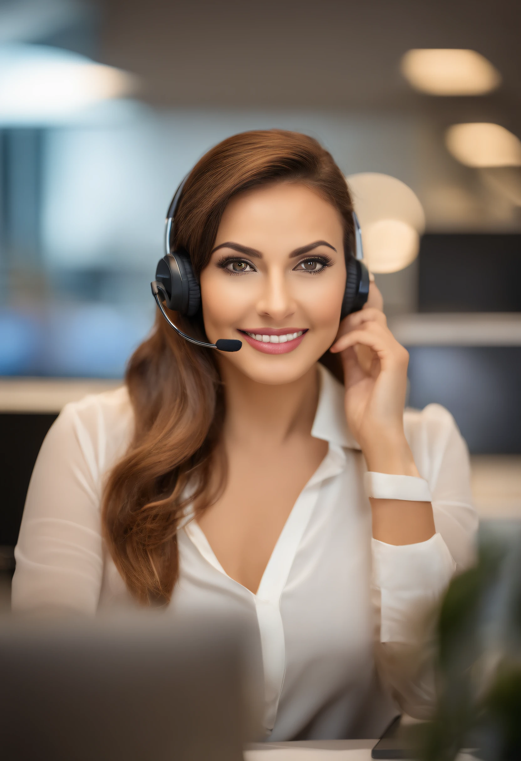 beautiful woman call center attendant, detailed eyes and lips, long eyelashes, professional, vibrant colors, realistic, high-resolution, studio lighting, portrait style, lively background, headset, computer screen, cheerful expression, helpful demeanor, customer service attitude, confident posture, modern office setting, friendly smile, elegant hairstyle, stylish outfit, bright and warm lighting, clean and organized workspace, professional communication skills, multitasking ability, positive energy, customer satisfaction, state-of-the-art technology, productive work environment, international call center, diverse team, efficient problem-solving, teamwork spirit, welcoming atmosphere, customer-oriented approach, vibrant and energetic office ambiance, dedicated and committed, 24/7 availability, streamlined workflow, seamless customer experience.