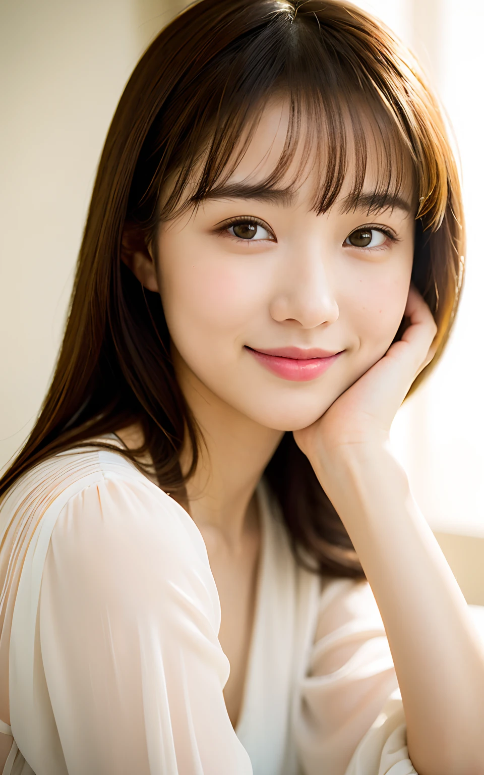 (top-quality、masterpiece:1.2)、16 year old beautiful girl、very cute, blouse,、bangs, f 1.8、Soft light、Raw Photos Real、Skin texture is very detailed、without makeup、mournful、smile