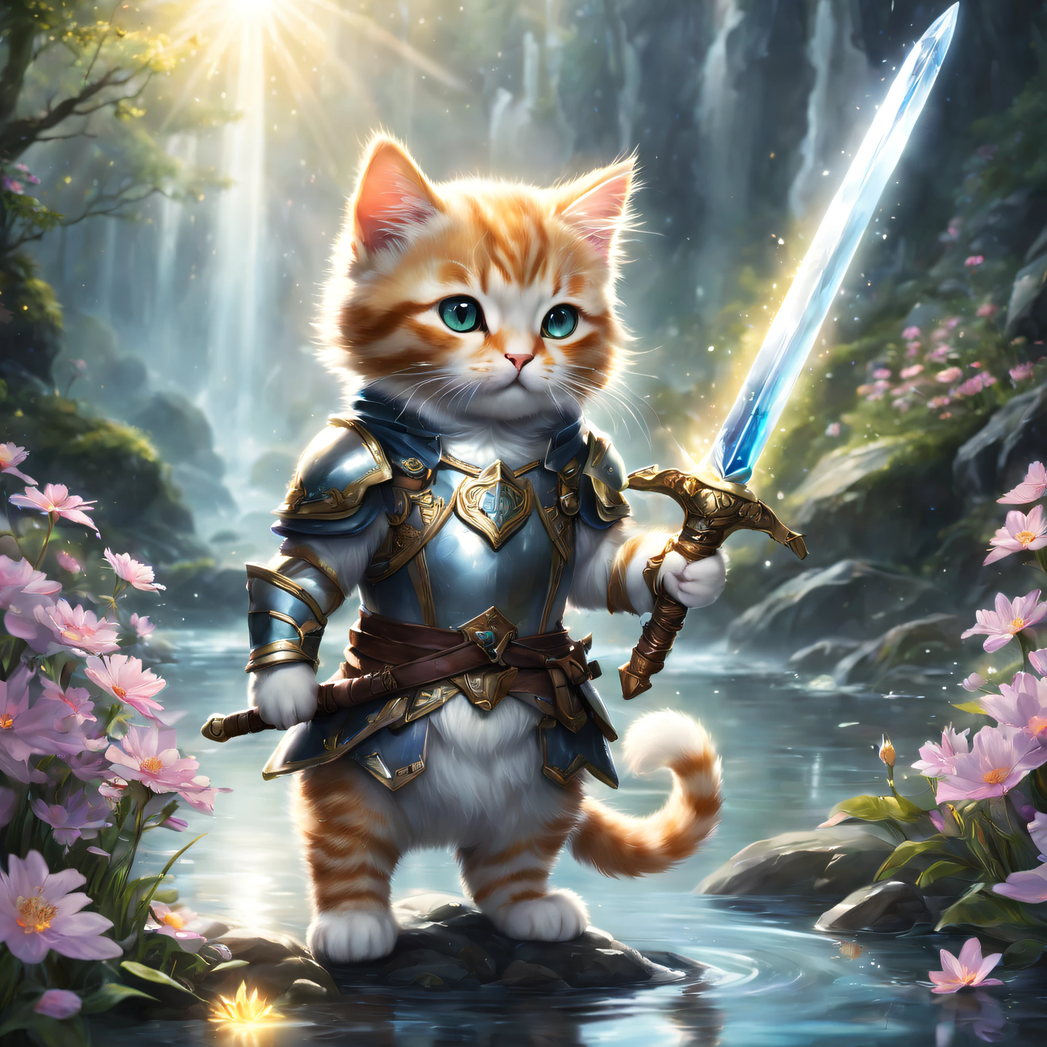 A cute cat paladin wields a sword full of light, Exudes powerful light magic. In a stream between the mountains, Ethereal dreams，magical forest background，Glittering reflections on the water，Serene expression，Flowers blooming around，Illuminated by the light of the Paladin's Sword. The composition is professionally crafted, Amazing attention to detail and cinematic lighting. The overall aesthetic is reminiscent of Fujifilm photography, Capture the beauty and depth of the scene.
