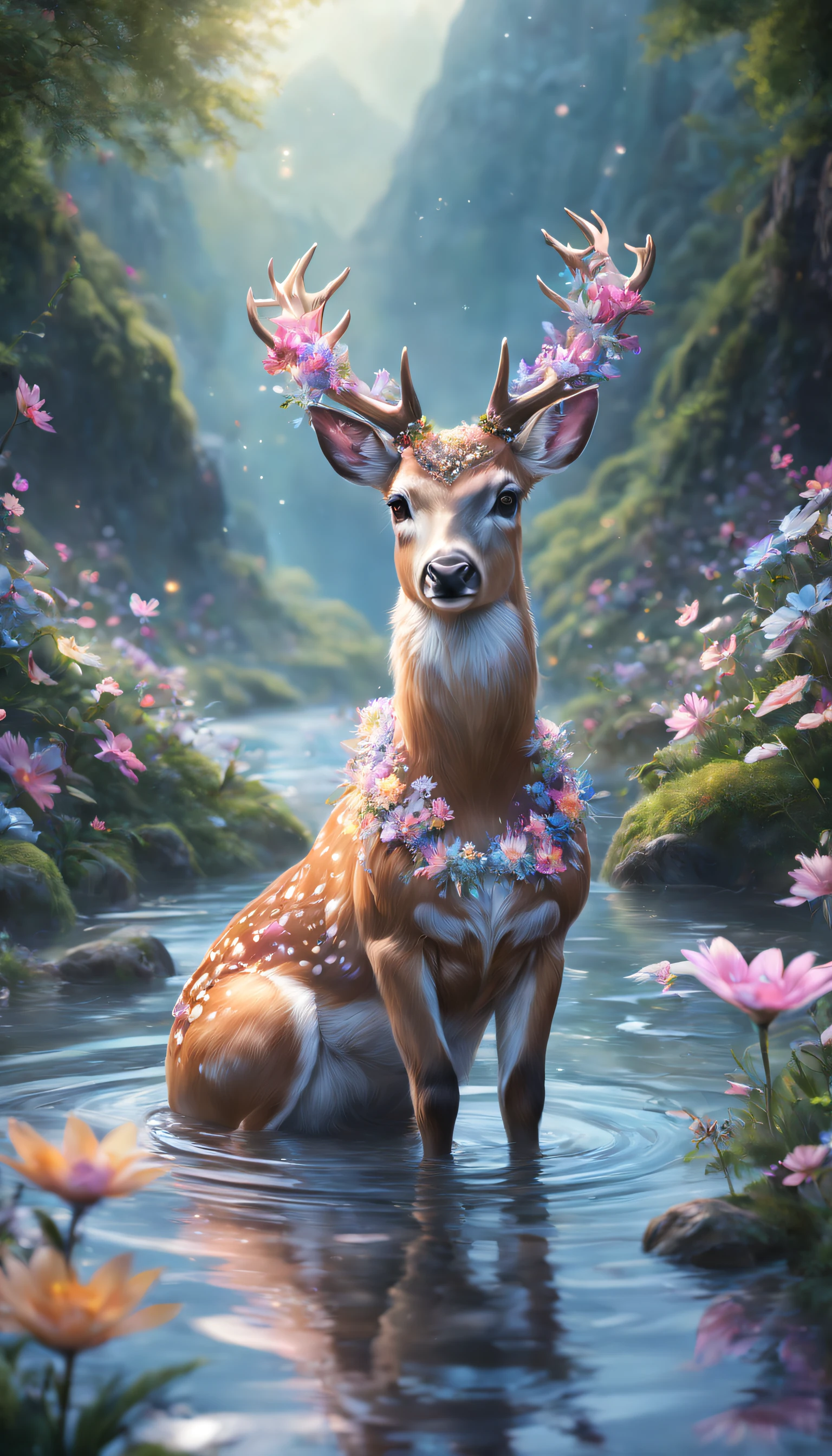 Magic deer,kawaii,fluffly,Sparkling star body painting,In a stream between the mountains, Ethereal dreams,butterflys,Flower crown,magical forest background,Glittering reflections on the water,Serene expression,Flowers blooming around,a fantasy forest,photorealistic paintings,sharp fokus,8k,Perfectcomposition,ArtStation Trends,an award winning photograph,Unreal Engine 5,The movie is smooth,complexdetails