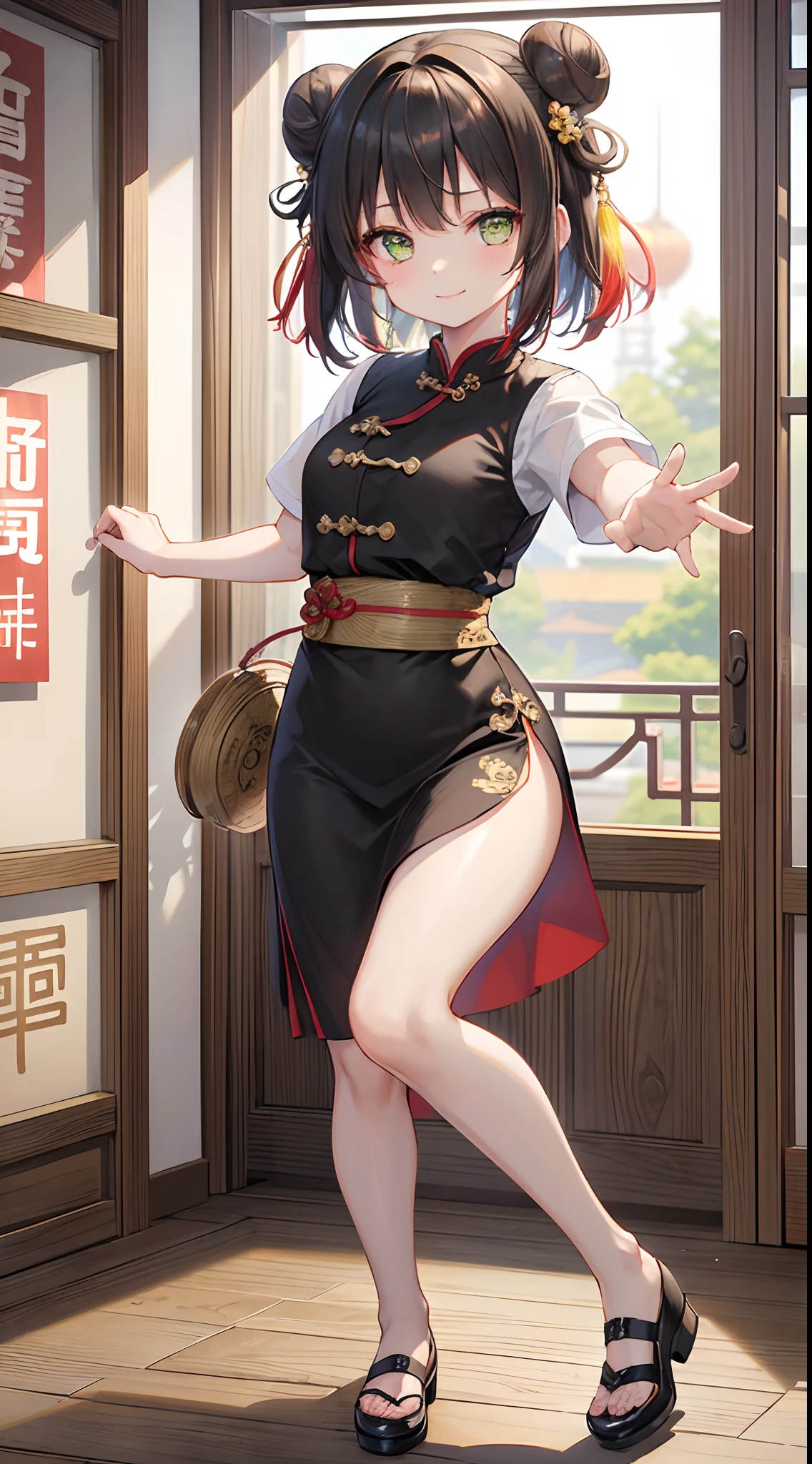 (top-quality), (​masterpiece)、(ultla detailed)、(a beauty girl:1.3)、Lori、cute little、qipao dress、slit、(2 buns)、A dark-haired、(Yellow-green eyes)、a smile、(18year old:1.3)、Medium chest、(Longhaire)、(Short sleeves)、(daytime:1.2)、pumps、Black long skirt、(standing)、Red Hair Tie、(Chinese Shops)、Ramen on a tray、kung fu pose、From the front、indoor