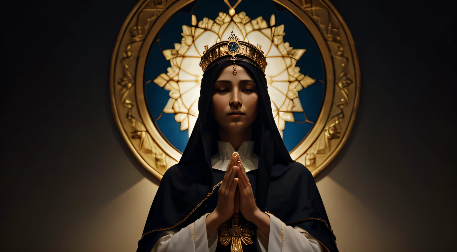 Generate a unique and touching representation of Our Lady of Aparecida, the Black Madonna and patroness of Brazil, in a high-resolution image in the 16:9 format (1920x1080 pixels). Capture the serenity and kindness of the Black Virgin Mary, highlighting iconic elements such as the blue mantle, golden crown, and celestial aura. Convey a sense of peace and reverence through artistic details and soft colors. May the resulting image inspire devotion and tranquility.