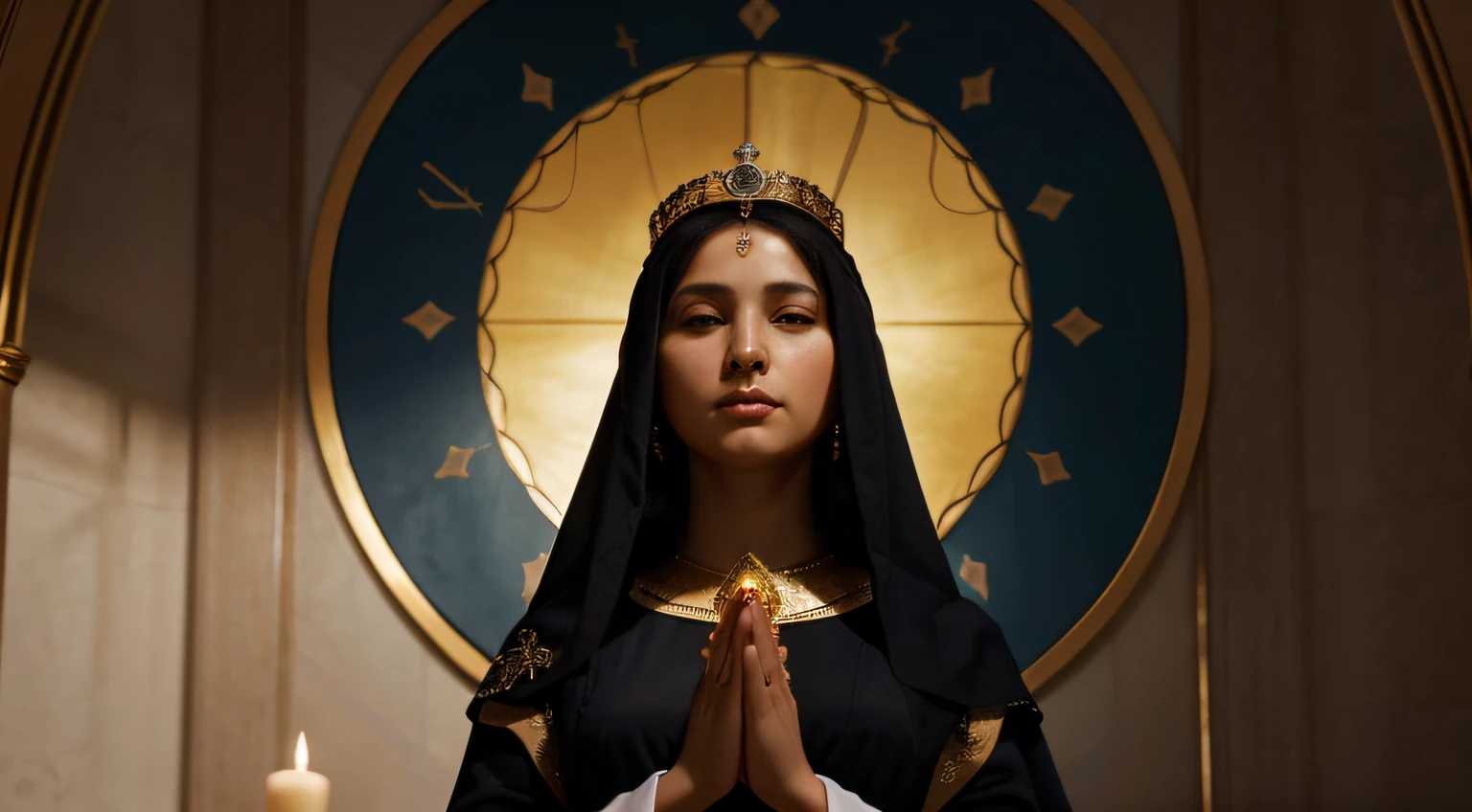 Generate a unique and touching representation of Our Lady of Aparecida, the Black Madonna and patroness of Brazil, in a high-resolution image in the 16:9 format (1920x1080 pixels). Capture the serenity and kindness of the Black Virgin Mary, highlighting iconic elements such as the blue mantle, golden crown, and celestial aura. Convey a sense of peace and reverence through artistic details and soft colors. May the resulting image inspire devotion and tranquility.