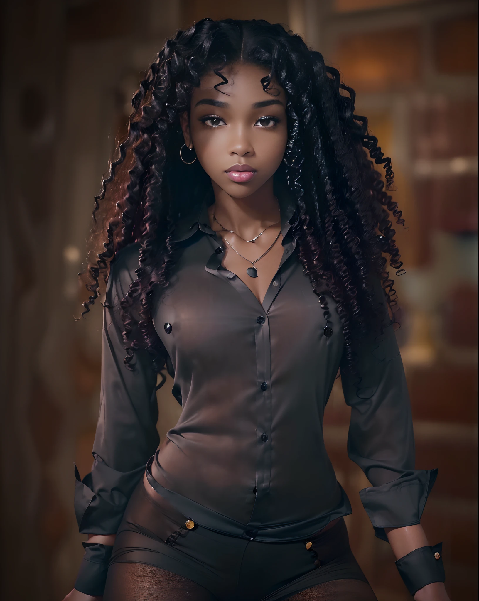 ((21-year-old))) mixed black girl, (((light skin))), (((close-up, full body pose))), (((long curly black hair))), (((seamless black pantyhose))), (((wearing mans button-up shirt, unbuttoned))), Rich, Deep Colours, (intricate details:0.9), (HDR, hyper-detailing:1.2), (natural skin textures, hyper realisitc, glistening skin, soft light, Sharp),