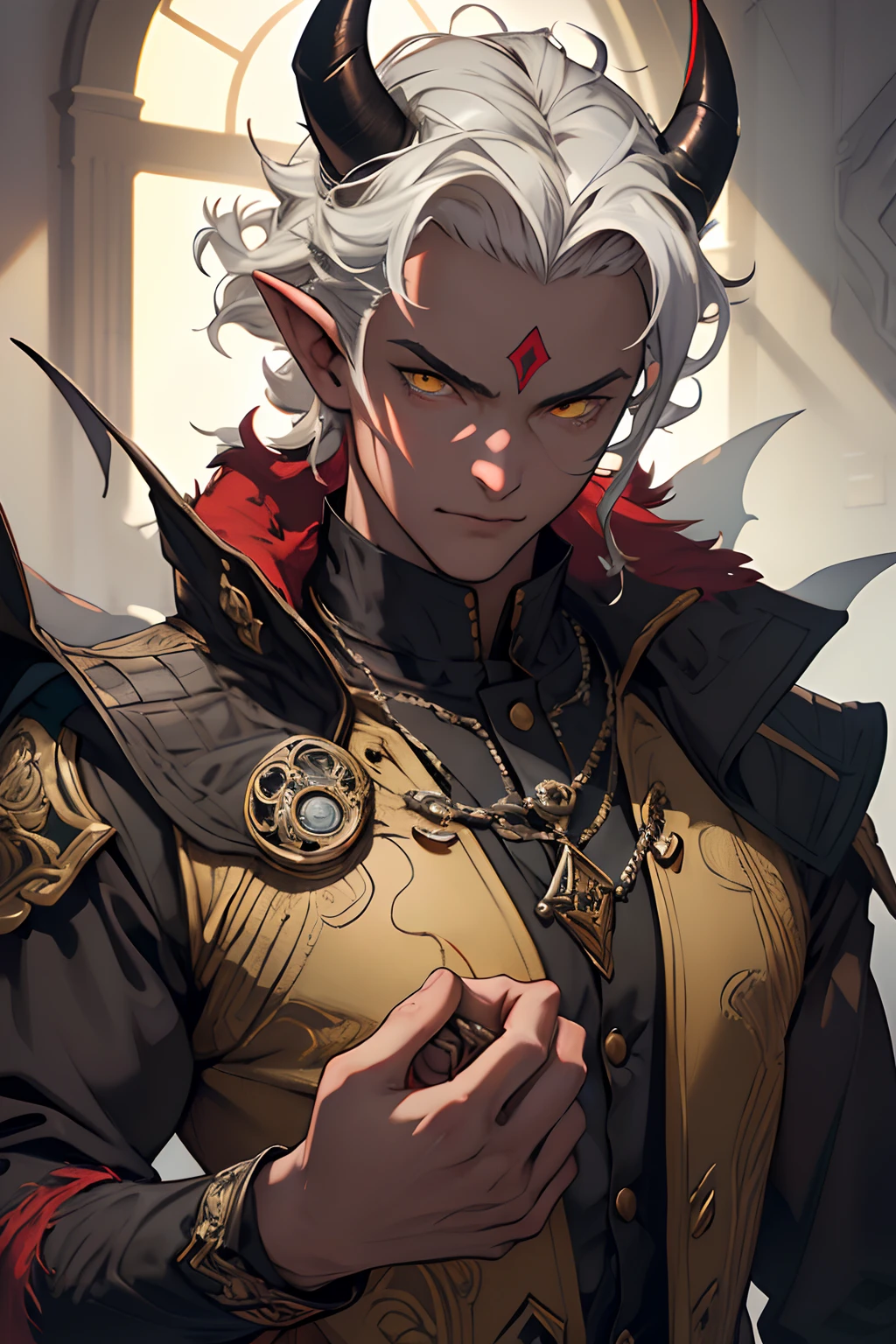 beste-Qualit, tmasterpiece, extra high resolution, Detailed, realisti, 独奏, The Man with the Gray Skin, demon, A devil with horns and curls that grow out of his forehead, red skin, Yellow eyes, tiefling, Devil's Tail, Gray skin color,without wings, in full height, D&D, Horror \(subject\), Dark Fantasy, Depth of field, non-human,(Ultra-detailed:1.3), Finely detailed, Ultra-detailed, (dynamicpose:1.0),(centered, scale to fit the dimensions, the rule of thirds), hight resolution, sharp-focus,(Ultra Detailed, Extremely detailed),(Photorealistic works of art:1.37),(extremely detailed CG unity 8k wallpaper),(((bright colours, A striking theme))),(Intricate),(Masterpiece),(Best Quality).