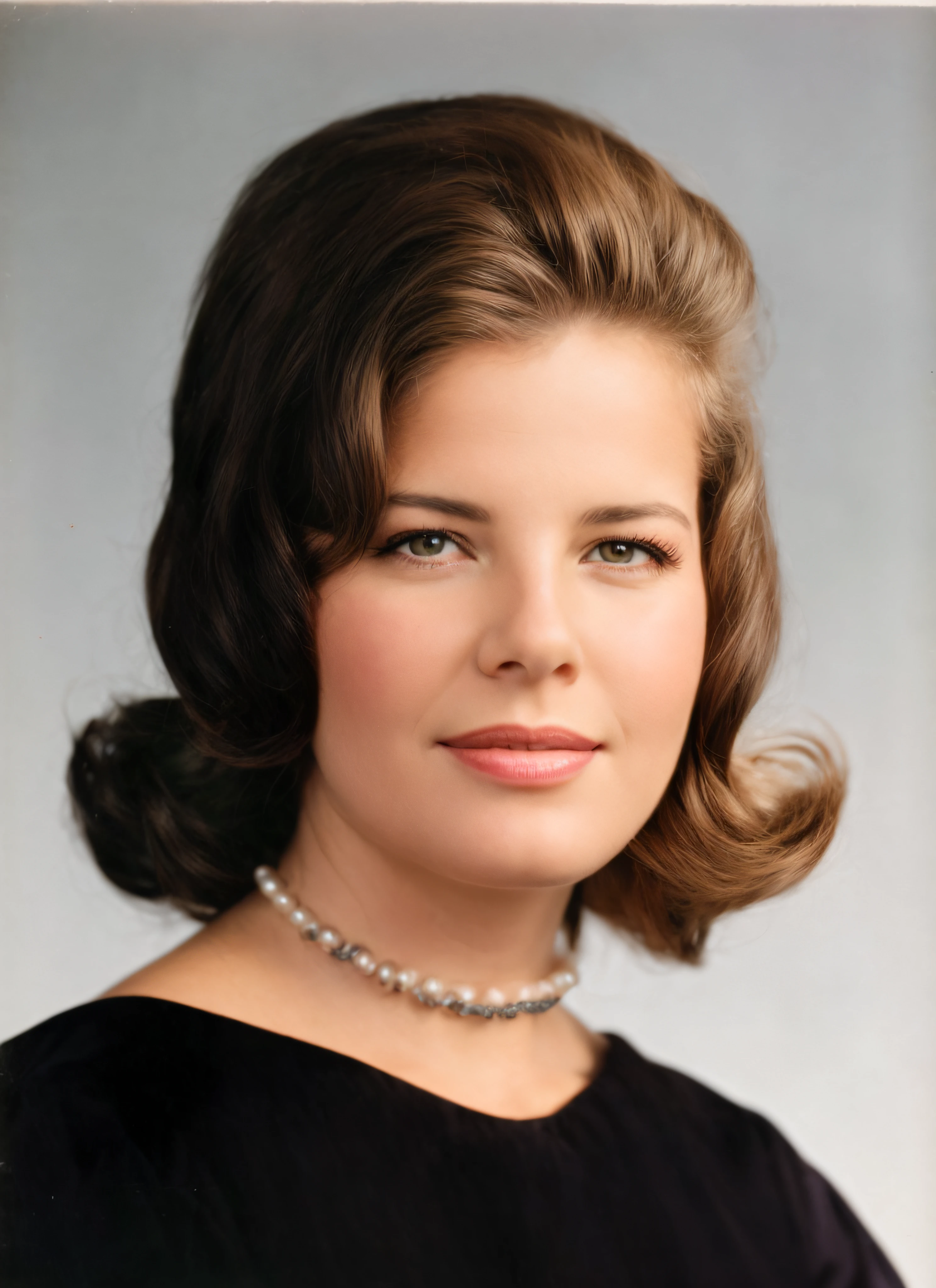 There's a woman in a black dress and a pearl necklace, color studio portrait, olhos de cor verde, fotografia 1960