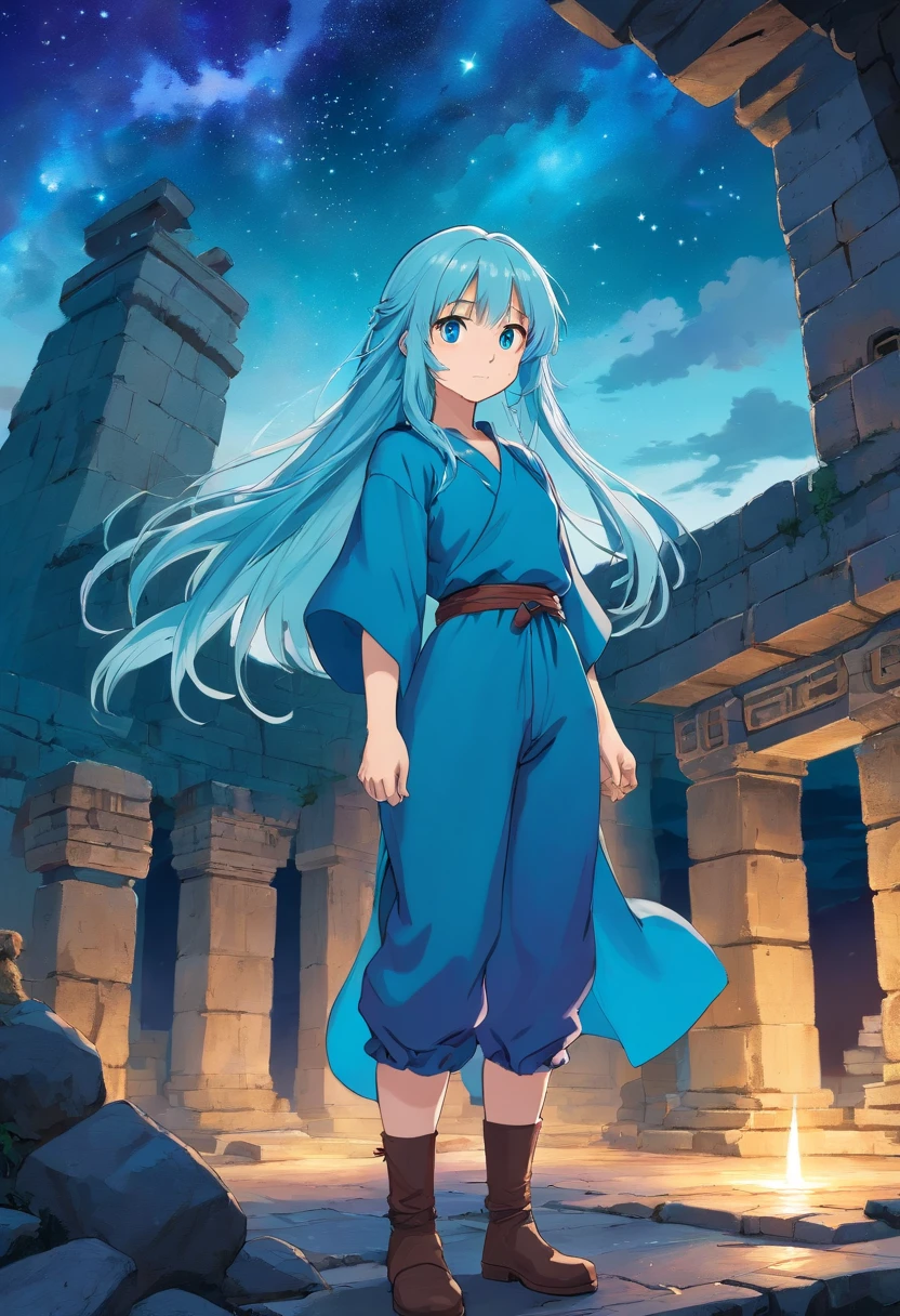 A beautiful young woman (1 girl) about 20 years old. She is a warrior. Long light blue hair, straight hair, ((messy)) hair, ((bangs)) and big blue eyes. Turquoise tunic and purple tide pants. Leather boots. Greek templo ruins background at night, with a starry sky.