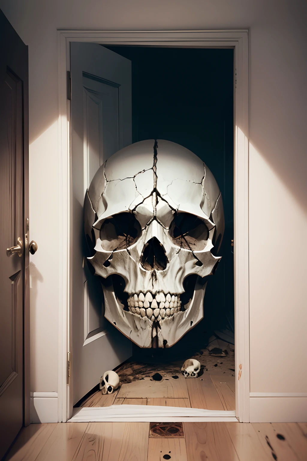 scary hallucinations, (((centered)), ((giant skull head with rotting flesh peaking in through door, white room