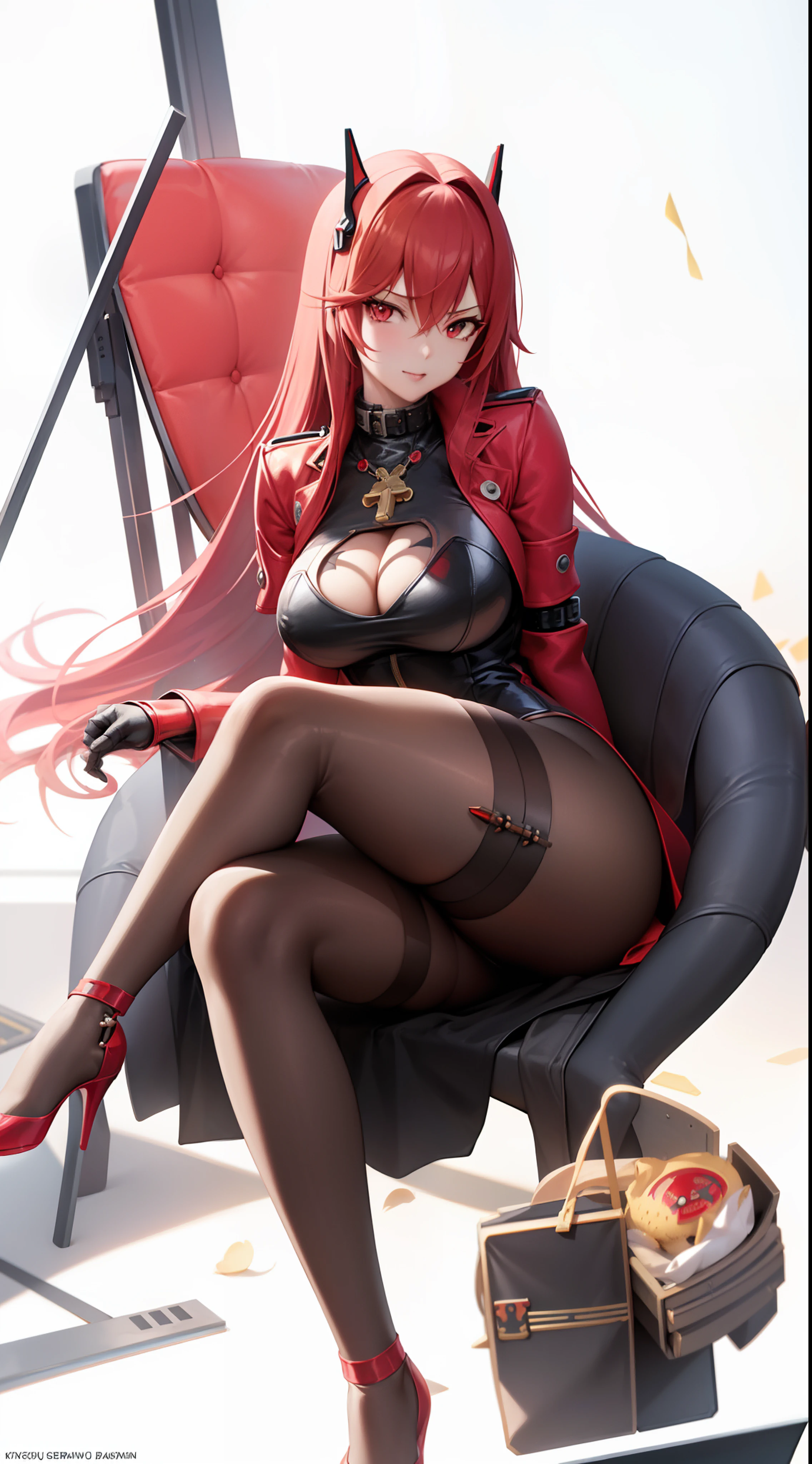 anime - style woman sitting in a chair with a red flag, biomechanical oppai, rias gremory, sexy pudica pose gesture, cushart krenz key art feminine, oppai cyberpunk, seductive anime girl, marin kitagawa fanart, full portrait of elementalist, pixiv 3dcg, guilty gear art style, commission for high res, stocking full body, nikke volume character