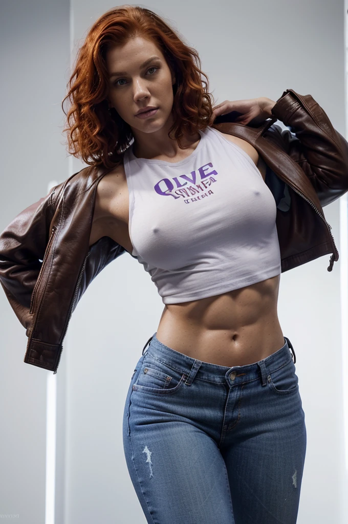 (a very tall woman),(red curly hair),(very short hair),(very muscular physique,abs),(purple iris),(small brown leather jacket),(white t-shirt),(blue jeans),(tomboy),(fighting),(best quality,highres),(ultra-detailed),(realistic:1.37),(portrait),(vivid colors),(studio lighting)