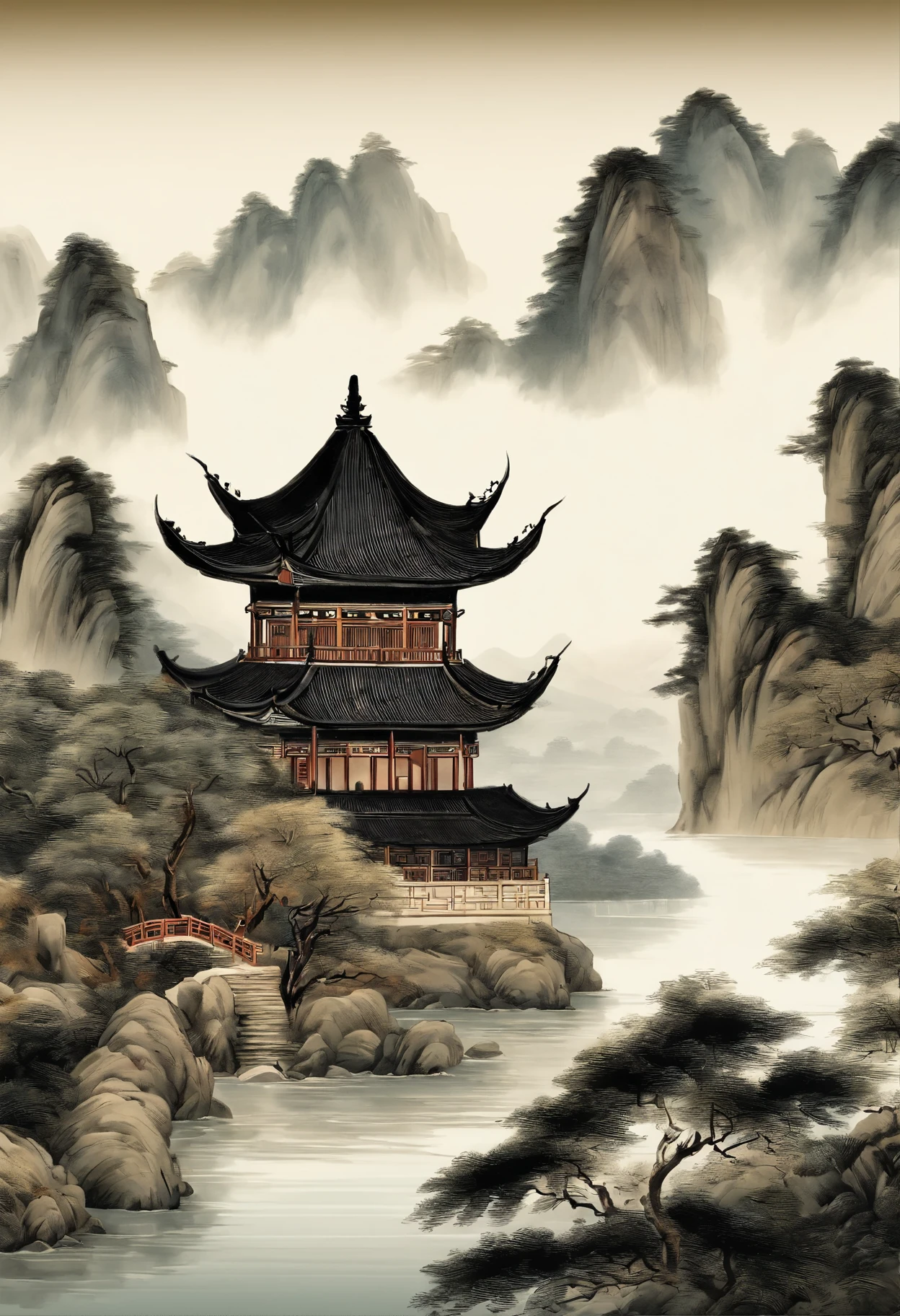 Quaint Han Dynasty style temple，Vista is a monk meditating in front of a temple（closeup cleavage），Meditate，zazen，A meditative（Chinese landscape painting），（ink and watercolor painting），（8k wallpaper），（light and shadow effect），rendering by octane，White balance design，Extremely detailed picture depiction，wide angles，depth of fields，tmasterpiece，realisticlying，Beautifully depicted，A detailed，acurate，Works of masters，tmasterpiece