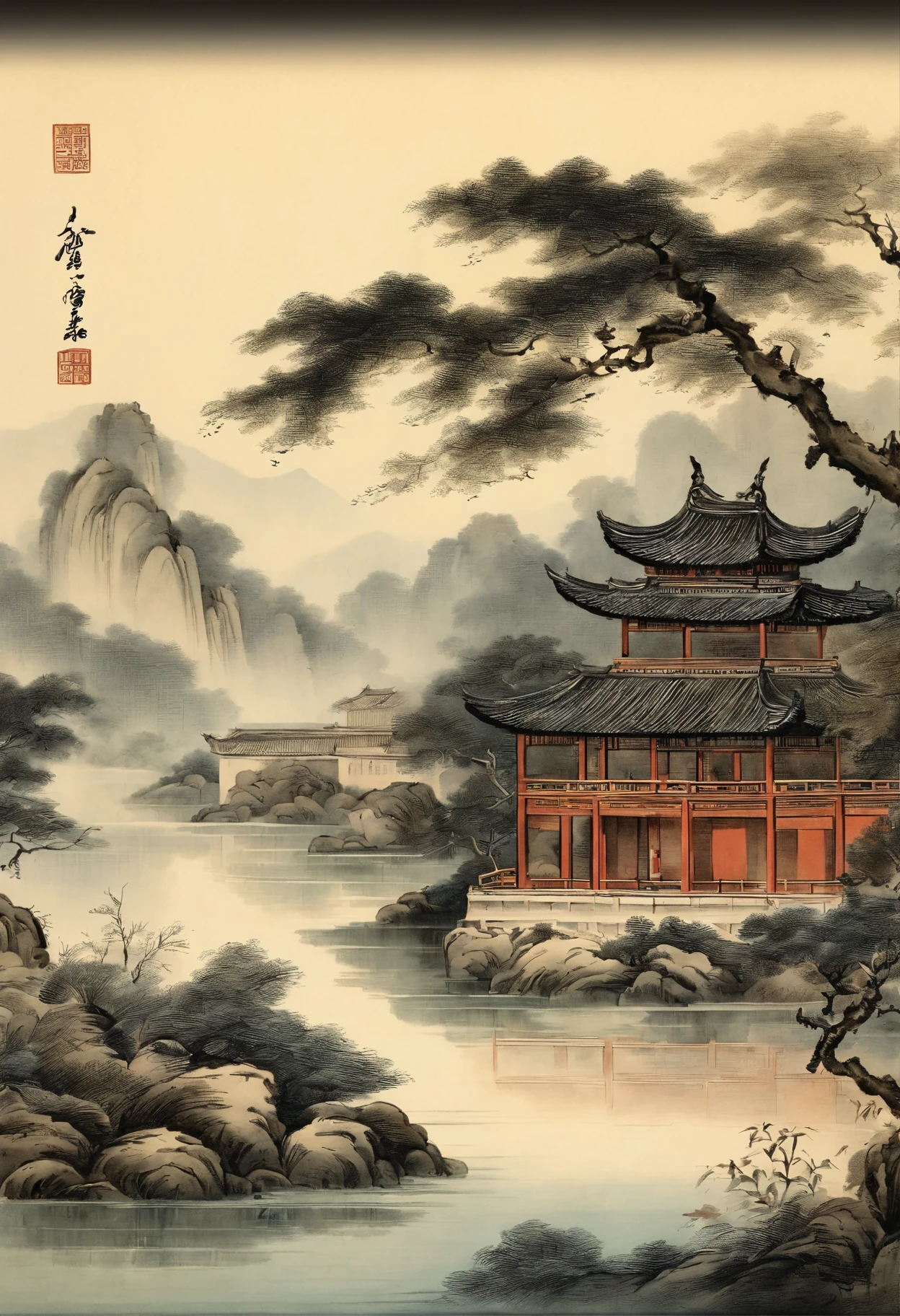Chinese，Chinese landscape，Traditional Chinese painting，Ancient rhyme Jiangnan，Yamakawa，Cypress，Pavilions，Leave white space，elegant