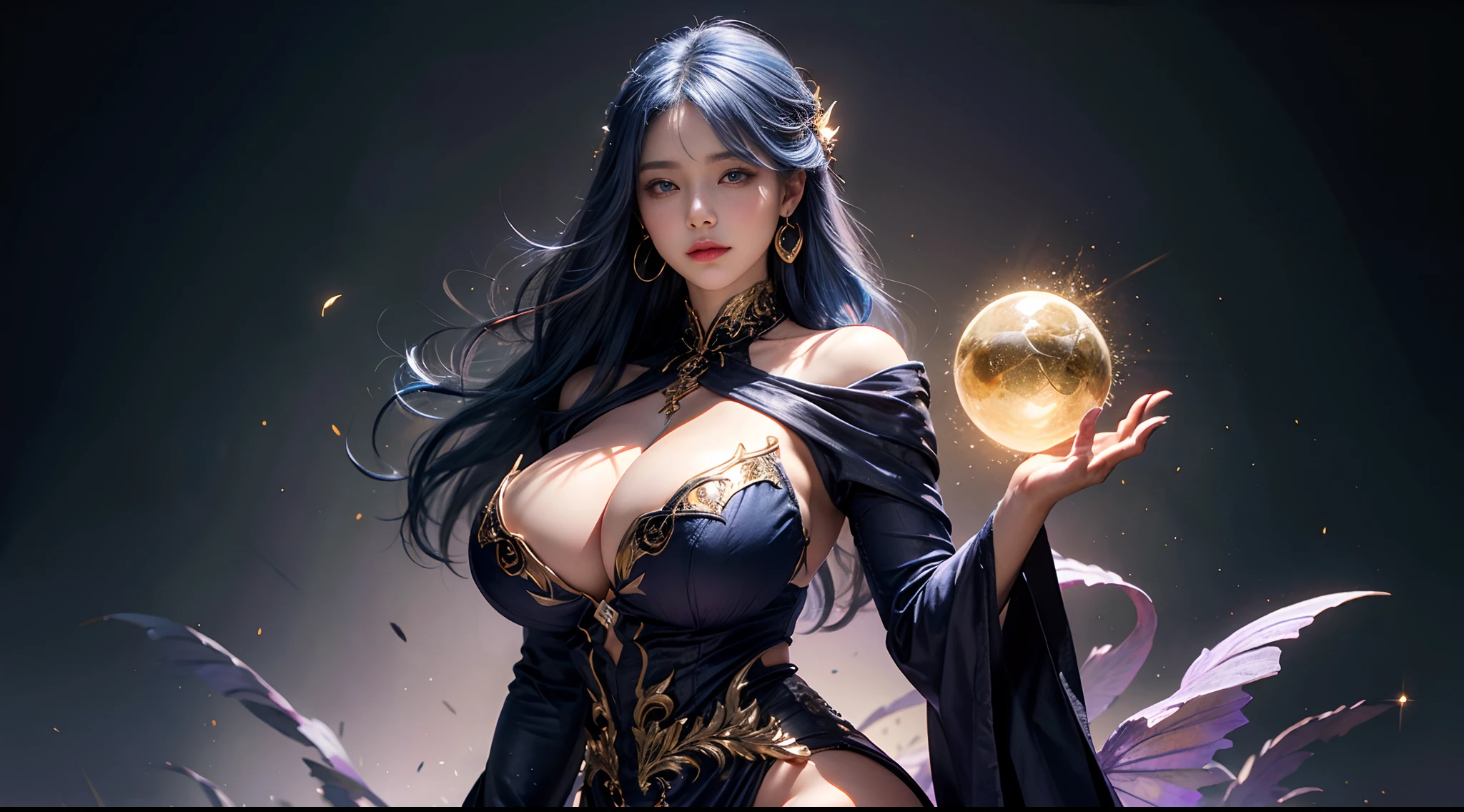 (masterpiece), the best quality, expressive eyes, perfect face, beautiful details face, A beautiful mature woman in reveal clothing posing shows her Extremely busty and attractive breasts, (smirk), (midnight blue hair), multicolored hair, (random hairstyles, shiny hair, gradient hair, medium long hair), covered , Slit dress, high-Slit Skirt, (full detailed strapless dress), silver and black dress, beautiful details eyes, (purple eyes), glowing eyes, forehead, (diamond hair orament),(absurdly Gigantic round perky breasts:1.5),(veins breasts), thick body, upper body, (well accentuated curves), pink lips, white nails, mascara, Long eyelashes, (Extremely wide well defined hips:1.3), (beautiful massive thick muscular thighs:1.4), tight thighs,thick thighs, has a tall slender figure, Extremely detailed skin texture, beautiful detailed realistic muscle definition, golden fireflies that shimmer, high detailed eyes, ultra-high quality model, proportionate, intense colouration fantasy, (fantasy ruins, beautiful background), random places, gold and silver flora pastel tetradic colours, hair ornament,silver earrings, cleavage, detached sleeves, jewelry, earring, (1girl), solo