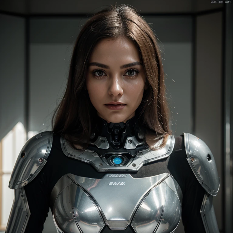 an elegant robot with a human face. Its metallic coating has a silver tone, reflecting ambient light in a subtle way. The eyes are brilliant lenses, capable of showing a wide range of emotions. The immersive cinematic atmosphere highlights its contours, while the natural light highlights the meticulous texture of its metallic skin. Its presence evokes a unique blend of advanced technology and aesthetic beauty. Wide image. Full body.
