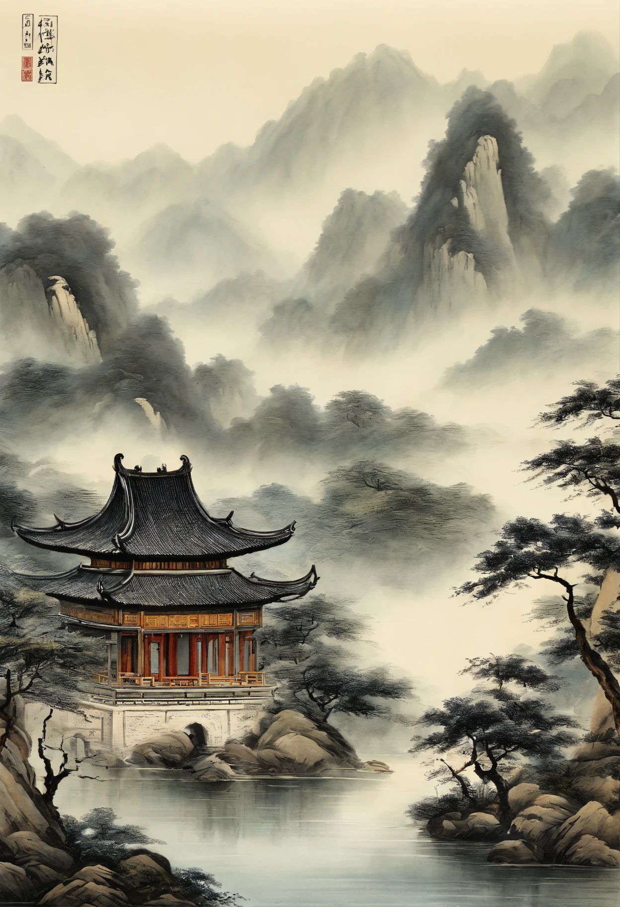 Quaint Han Dynasty style temple,(There was an ancient Chinese monk who sat and meditated(closeup cleavage)),(Meditate),zazen,age-old tree,falling leaf,(Chinese landscape painting style),(Pastel ink painting),(8k wallpaper),(light and shadow effect),rendering by octane,White balance design,Extremely detailed picture depiction,wide angles,depth of fields,tmasterpiece,realisticlying,Beautifully depicted,A detailed,acurate,Works of masters,tmasterpiece