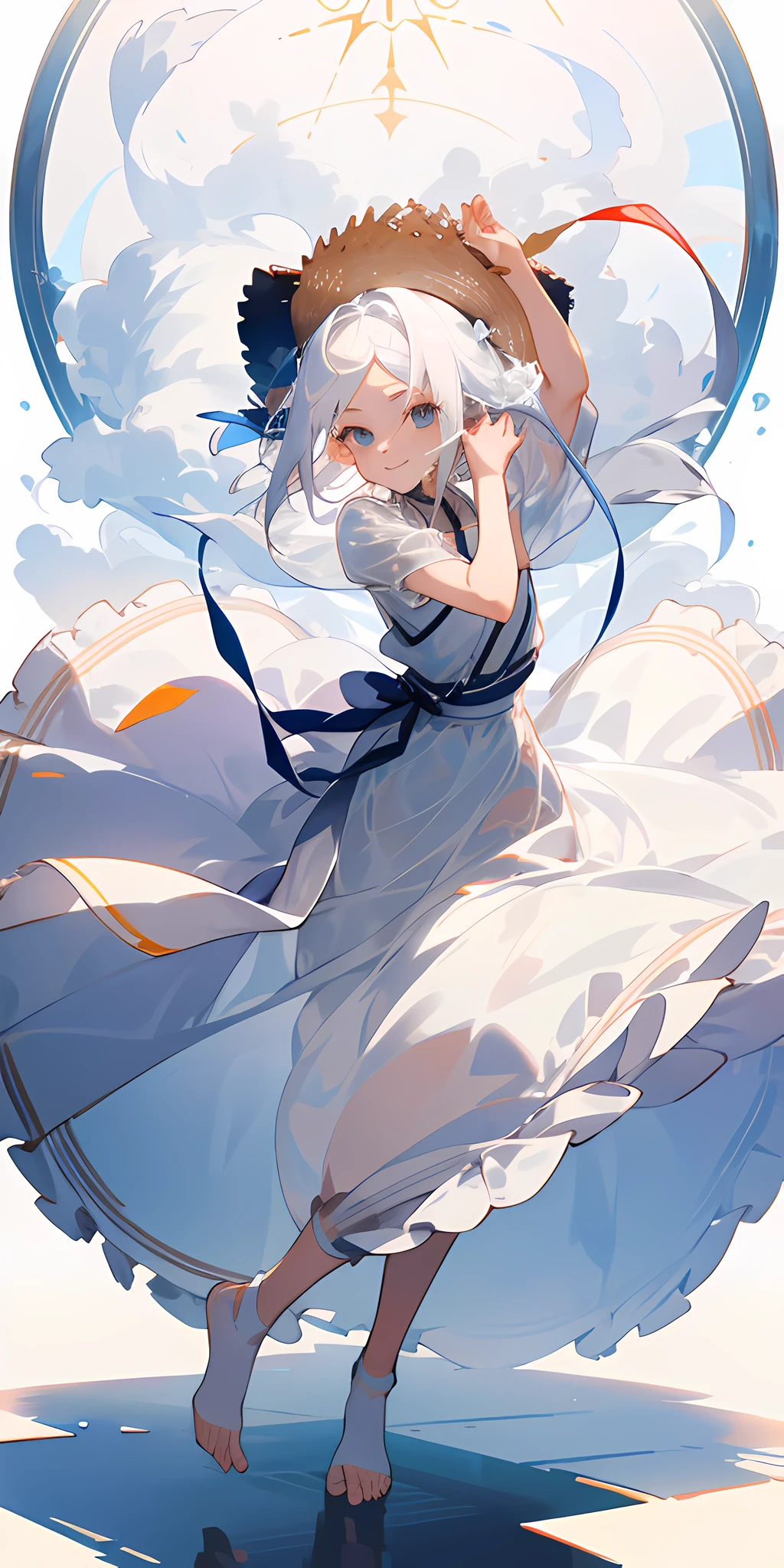 (tmasterpiece,best qualtiy),A girl with white hair,Puffy skirt,see-through transparent clothes,Wear a straw basket on your head,Face the lens,ssmile,hands spread wide,One foot on the ground